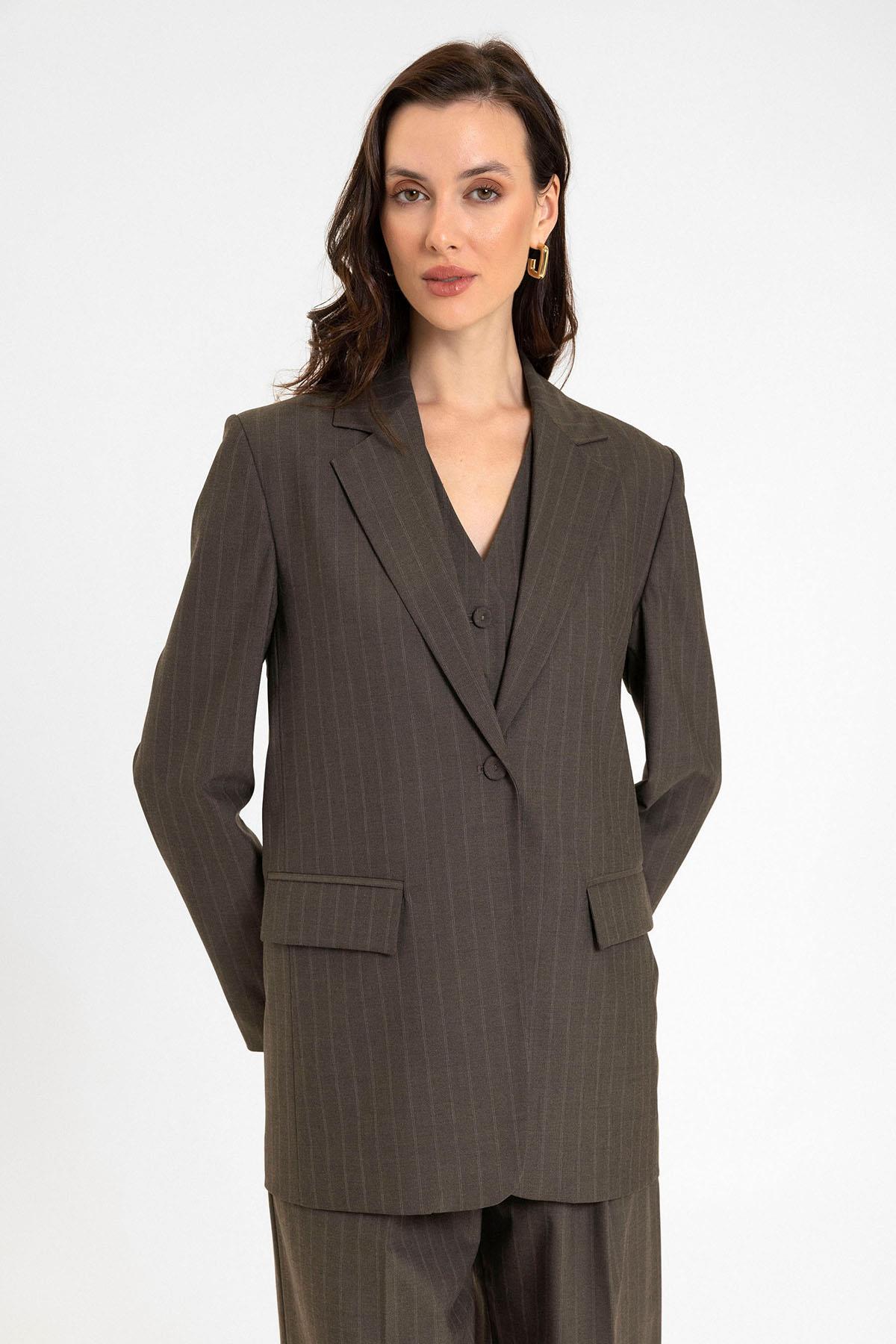 Antioch-Kahve Kadın Tek Düğme çizgili Blazer Ceket-Blazer Ceket-5-Milagron.com