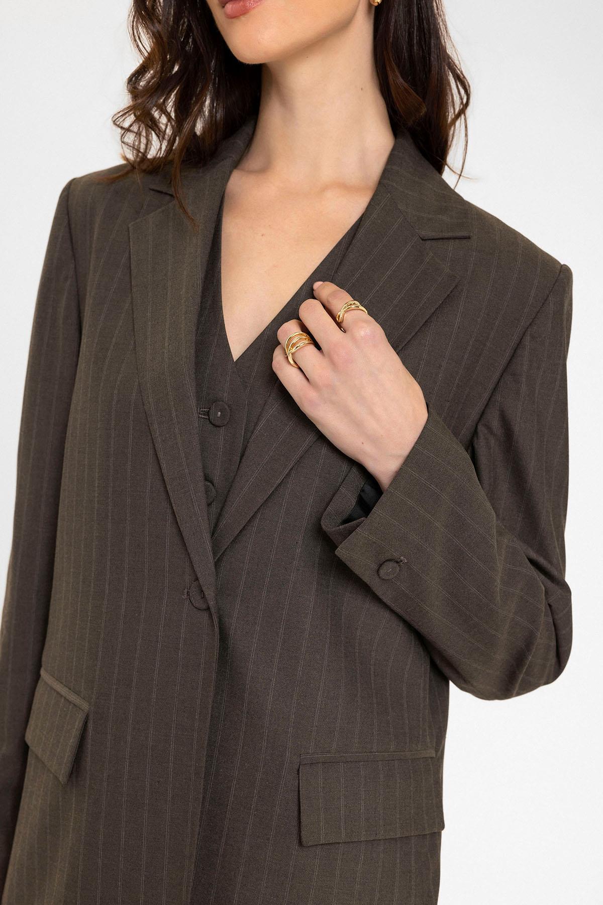Antioch-Kahve Kadın Tek Düğme çizgili Blazer Ceket-Blazer Ceket-6-Milagron.com