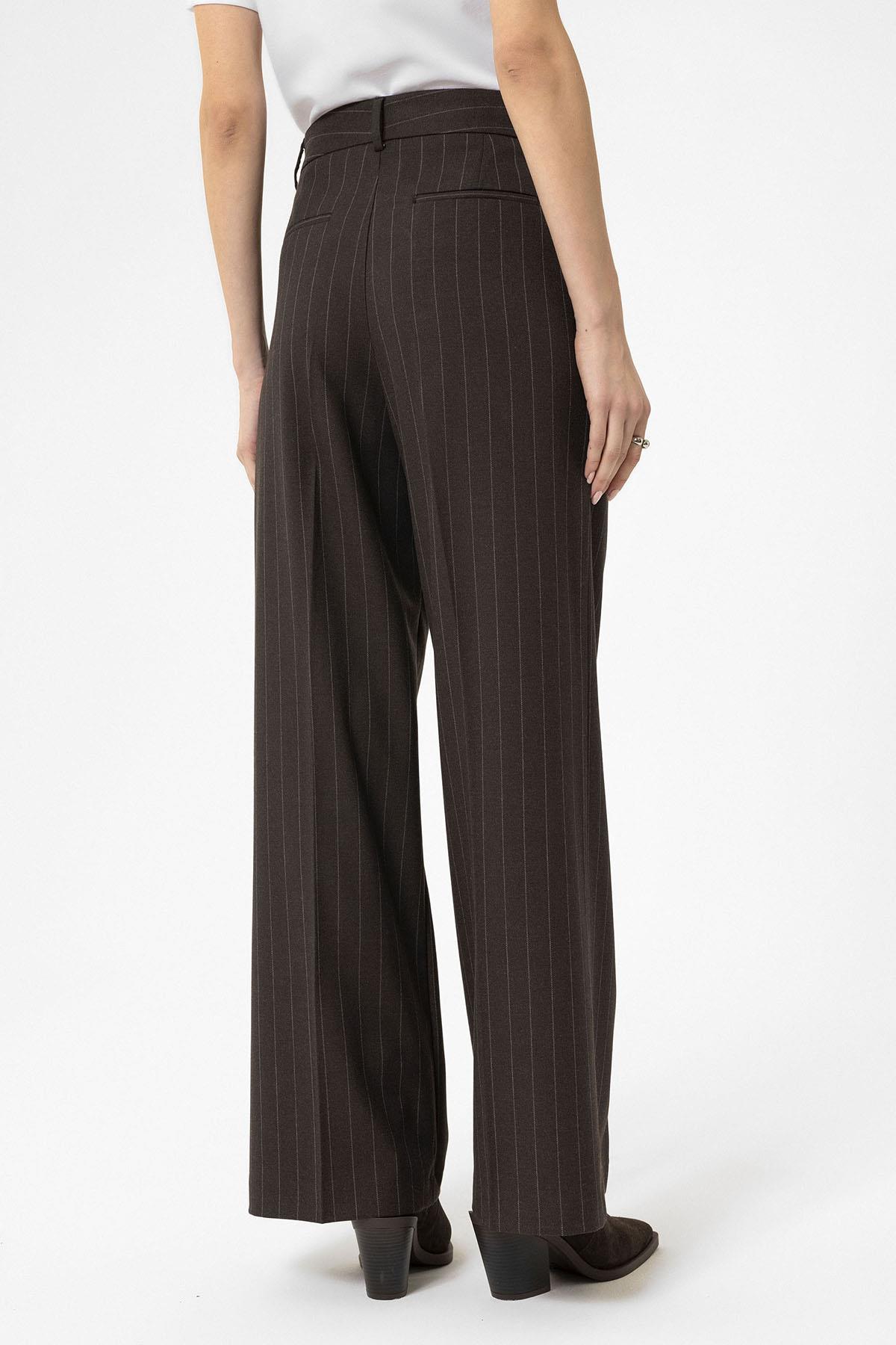 Antioch-Kahve Kadın Yüksek Bel Pileli Çizgili Pantolon-Pantolon-5-Milagron.com