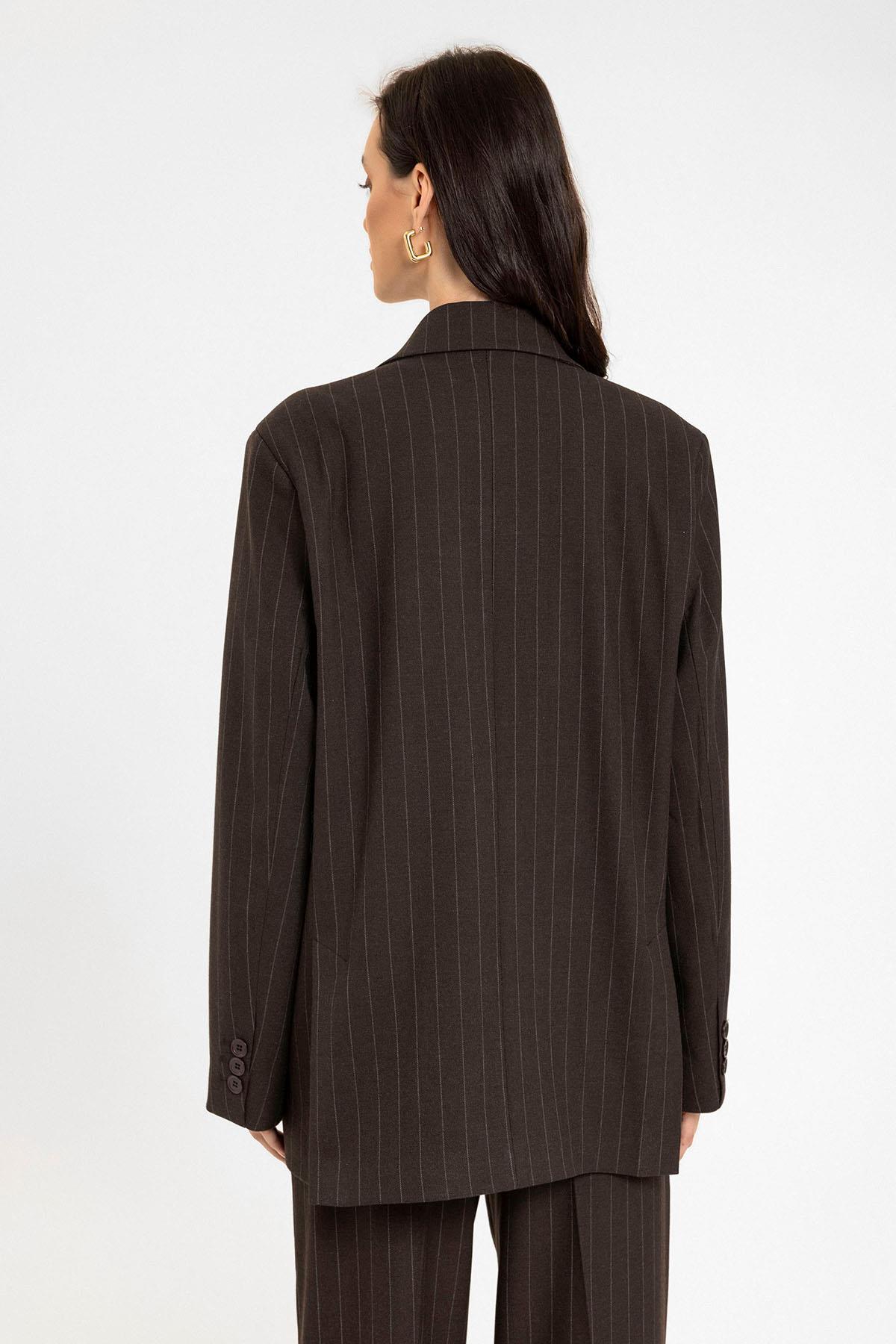 Antioch-Kahve Kadın çizgili Oversize Blazer Ceket-Blazer Ceket-6-Milagron.com