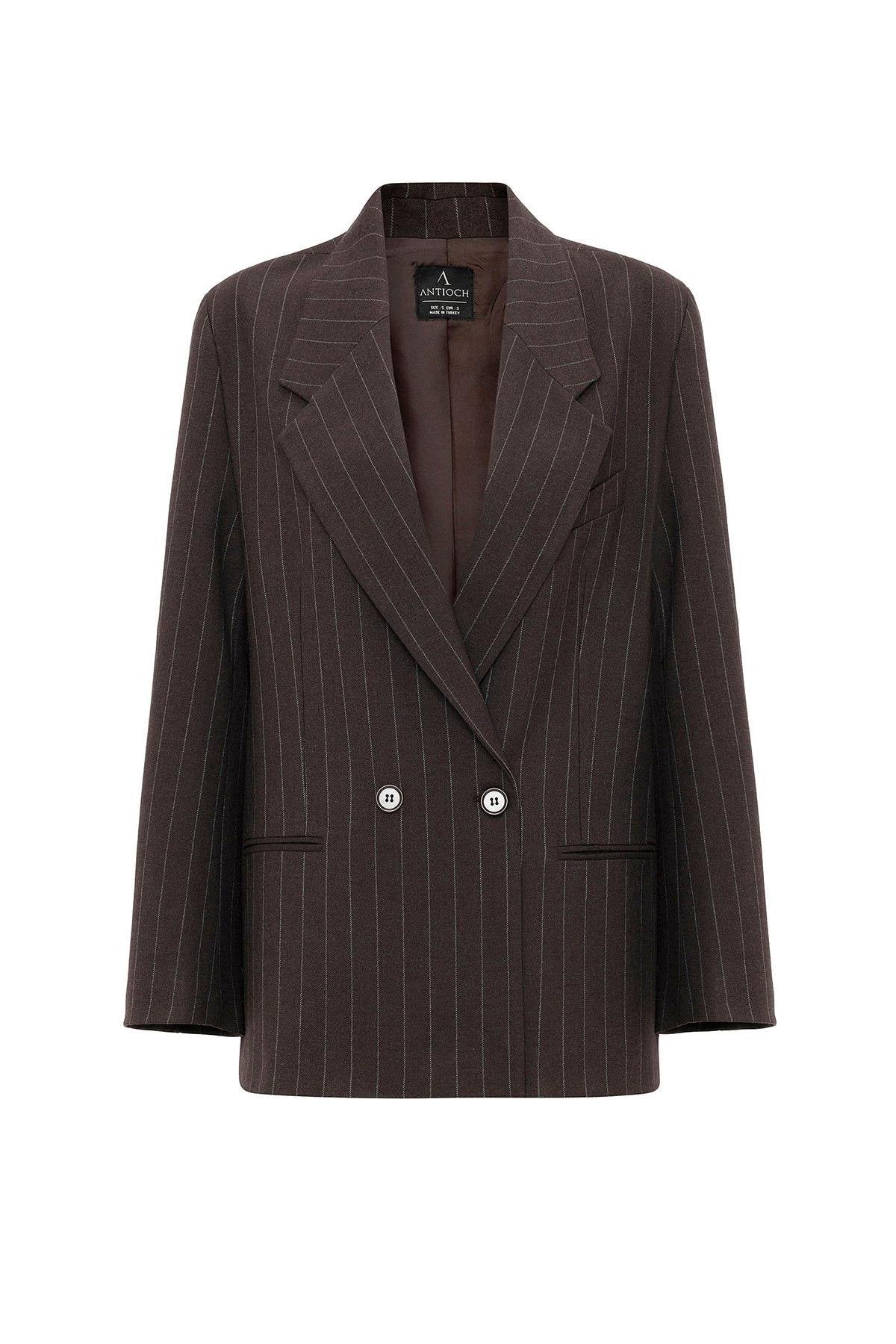 Antioch-Kahve Kadın çizgili Oversize Blazer Ceket-Blazer Ceket-7-Milagron.com