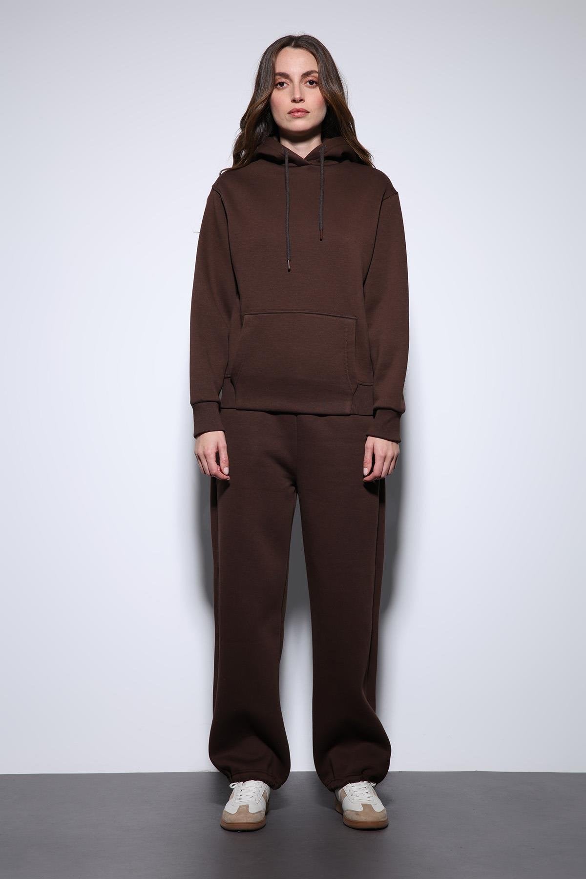 Antioch-Kahve Kapüşonlu Basic Kadın Sweatshirt-Sweatshirt-2-Milagron.com