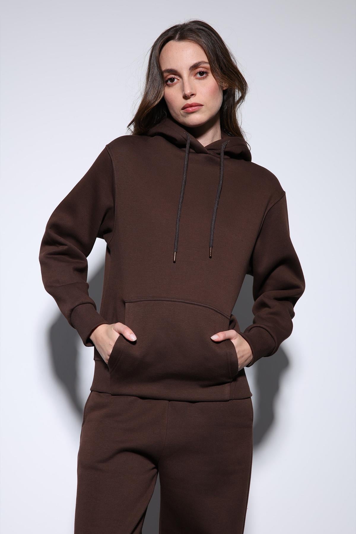 Antioch-Kahve Kapüşonlu Basic Kadın Sweatshirt-Sweatshirt-3-Milagron.com
