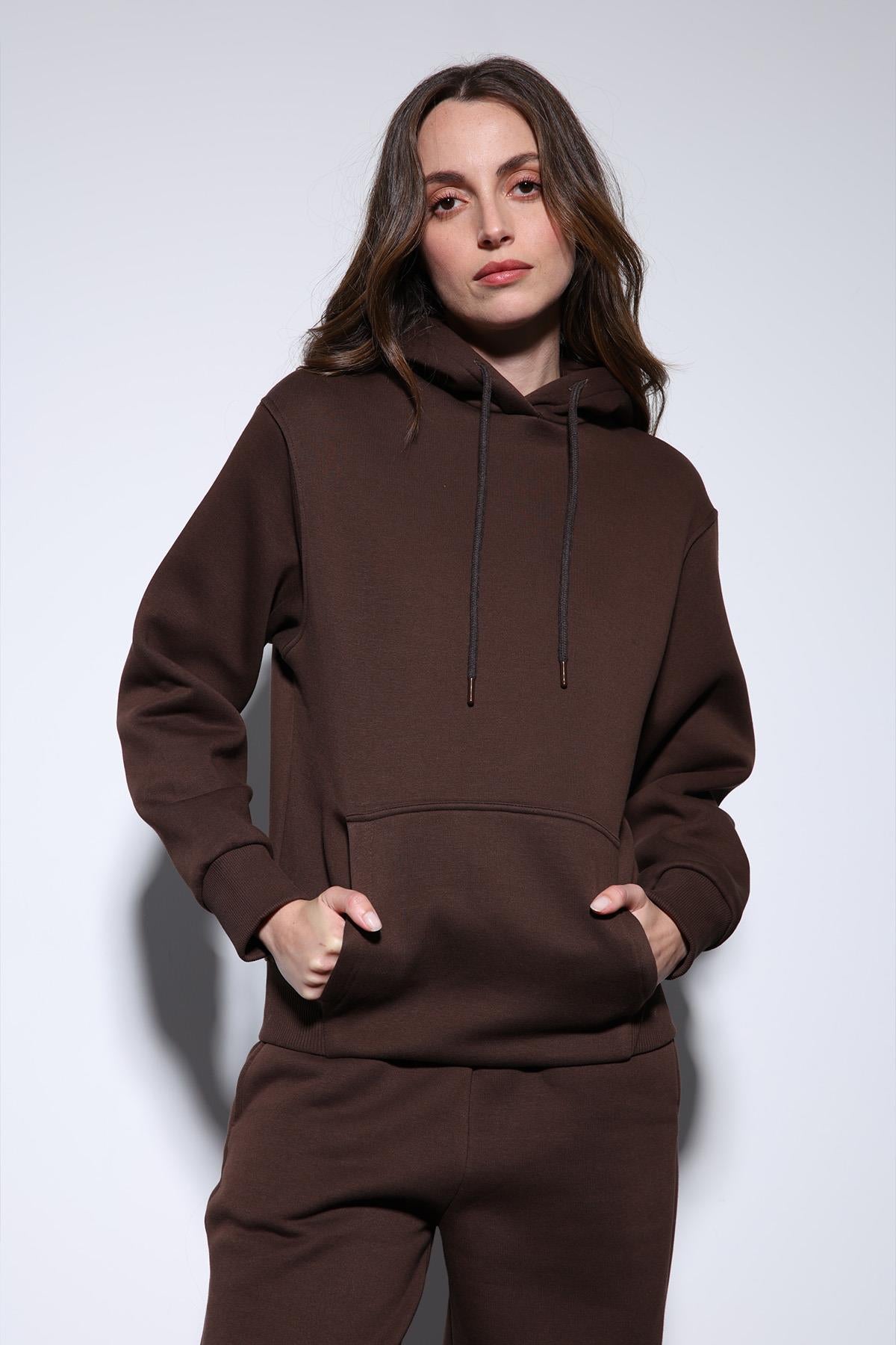Antioch-Kahve Kapüşonlu Basic Kadın Sweatshirt-Sweatshirt-4-Milagron.com