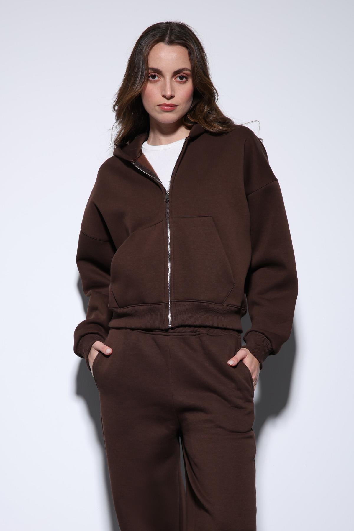 Antioch Kahve Kapüşonlu Sweatshirt Kadın Eşofman Takım