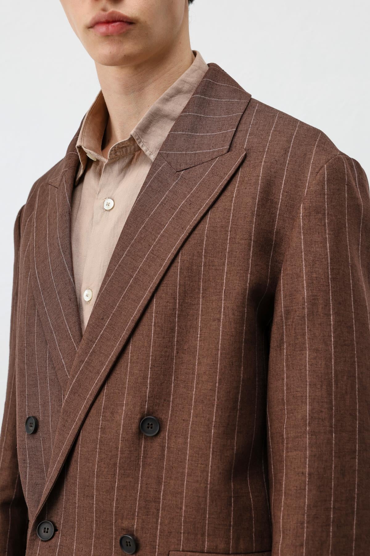 Antioch Kahve Keten Karışımlı Çizgili Erkek Blazer Ceket