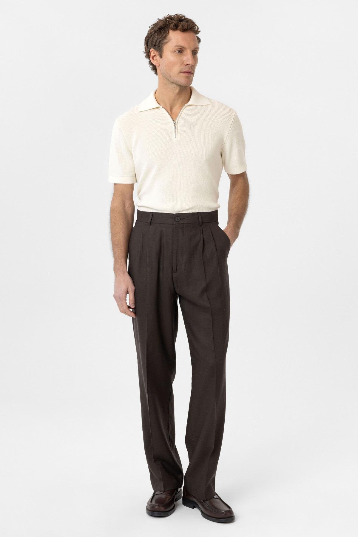 Antioch-Kahve Keten Karışımlı Erkek Baggy Pantolon-Kumaş Pantolon-2-Milagron.com