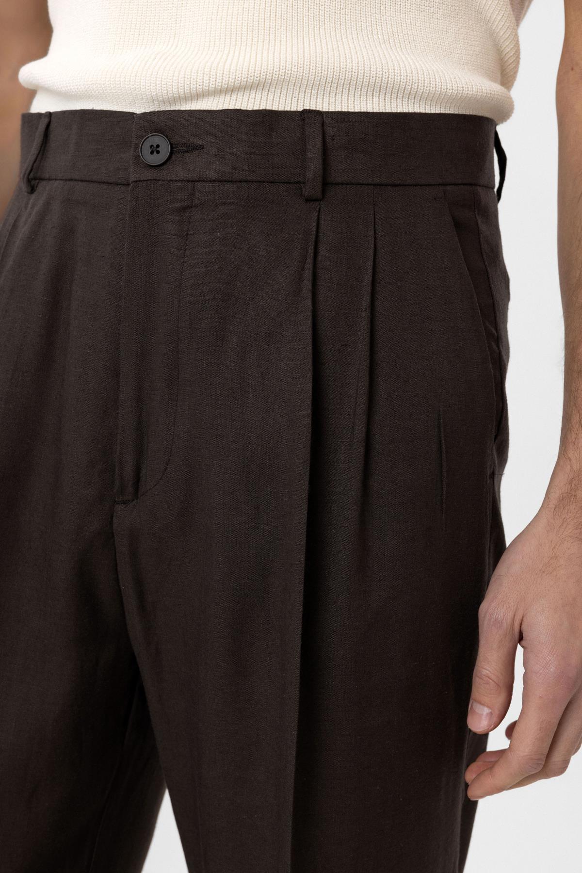 Antioch-Kahve Keten Karışımlı Erkek Baggy Pantolon-Kumaş Pantolon-4-Milagron.com