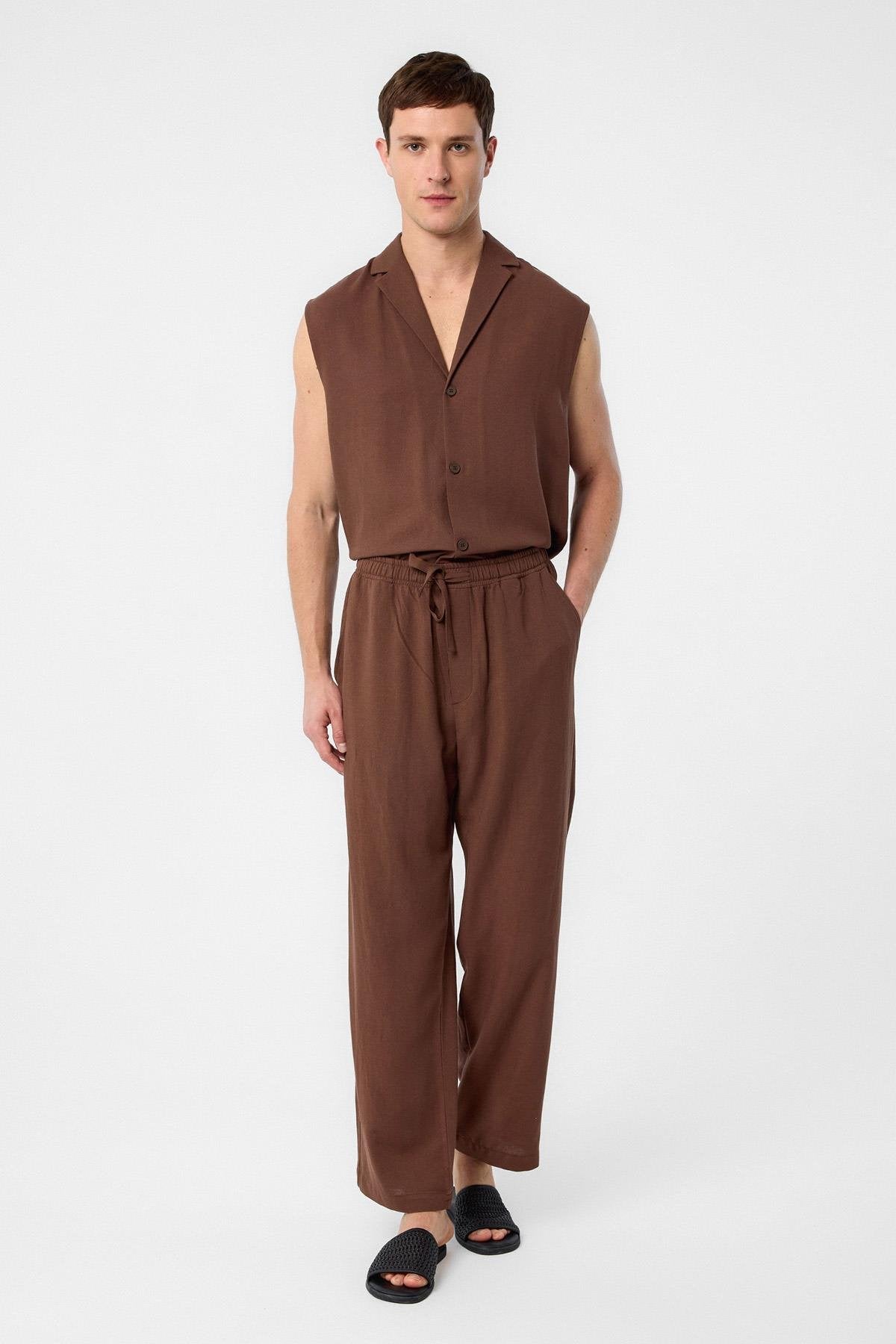 Antioch-Kahve Keten Karışımlı Jogger Erkek Pantolon-Kumaş Pantolon-2-Milagron.com