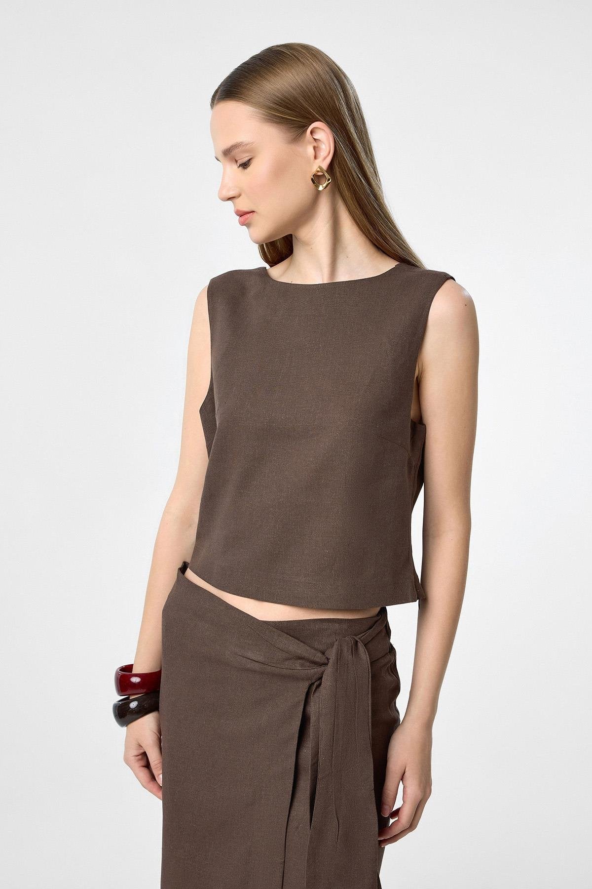 Antioch-Kahve Keten Karışımlı Kadın Bluz-Bluz-1-Milagron.com