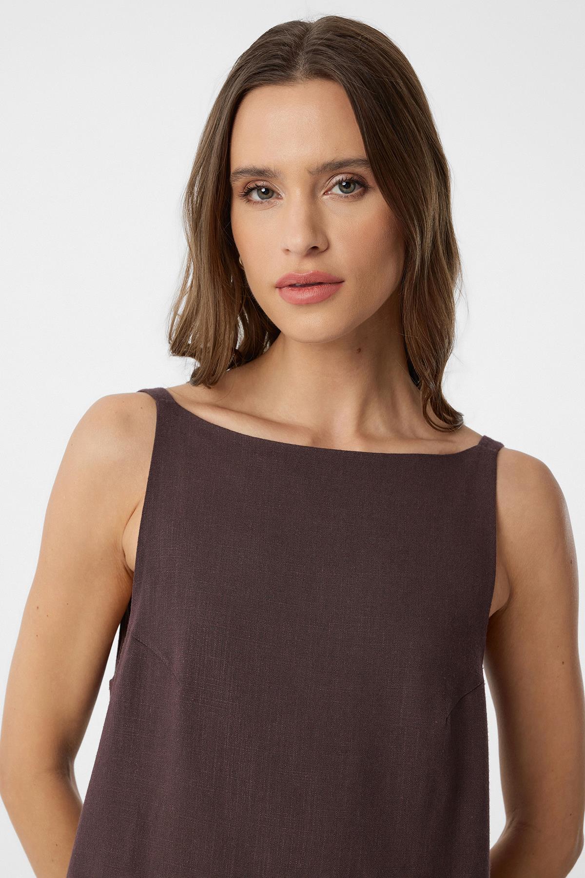 Antioch-Kahve Keten Karışımlı Kadın Mini Elbise-Elbise-4-Milagron.com