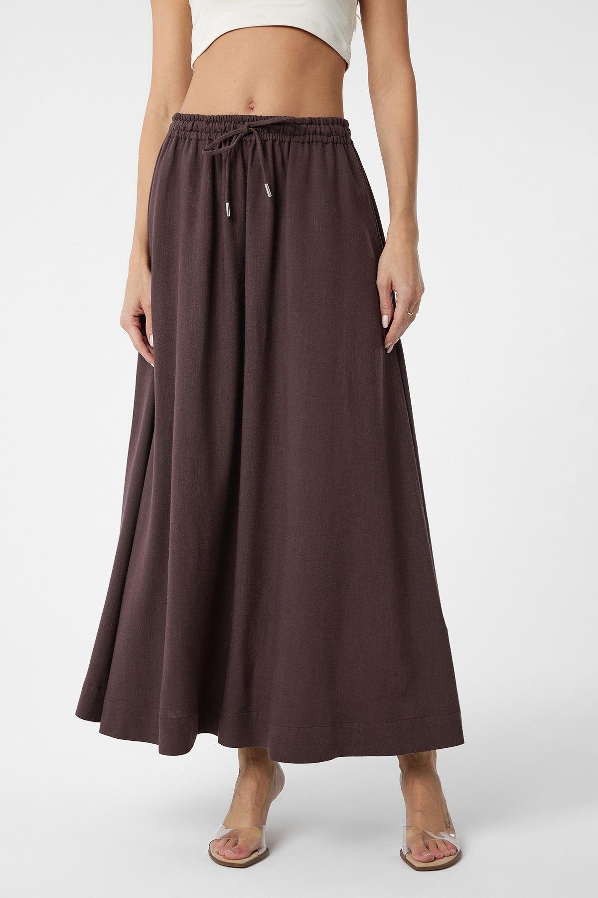 Antioch-Kahve Keten Karışımlı Kadın Uzun Etek-Etek-1-Milagron.com