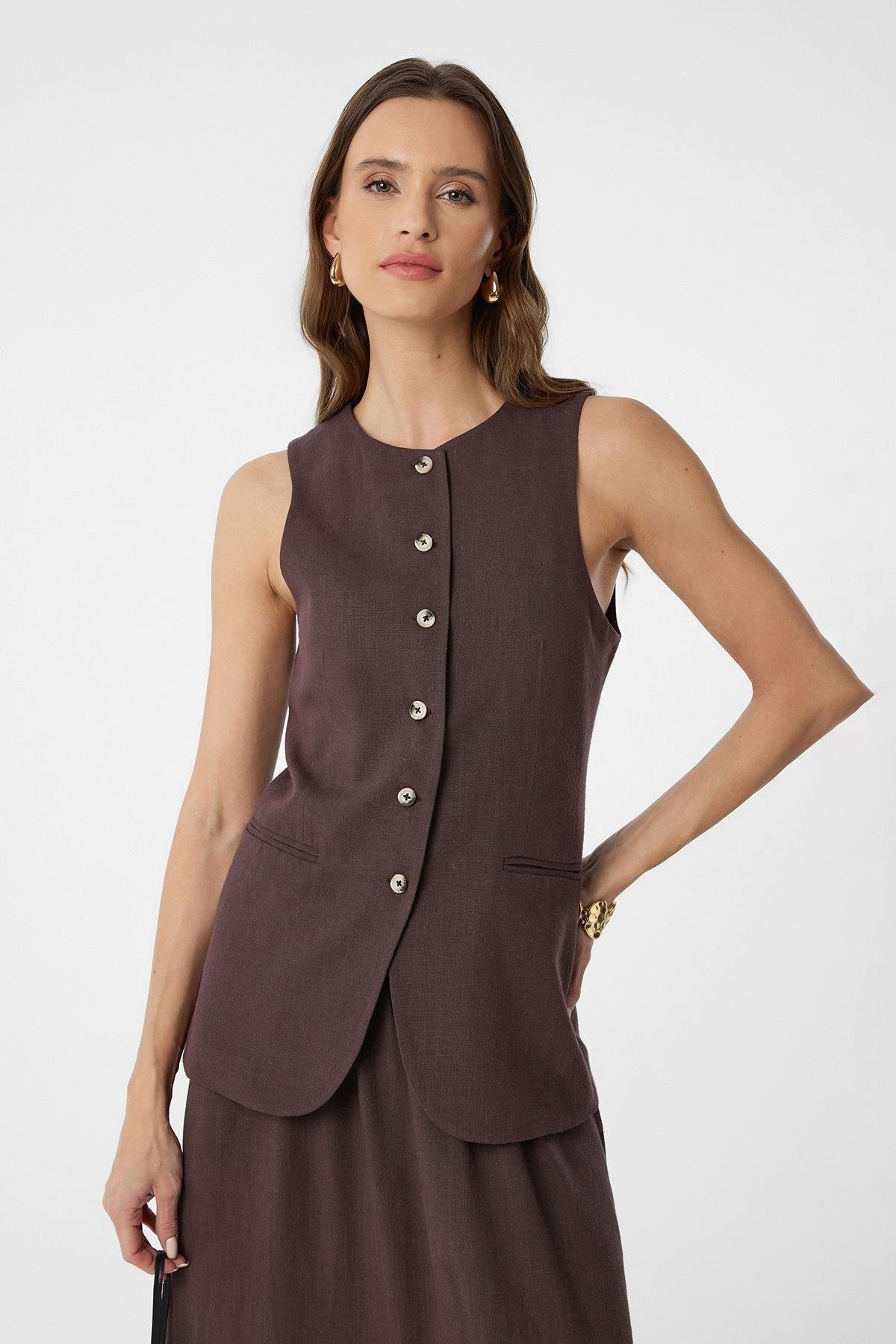 Antioch-Kahve Keten Karışımlı Kadın Uzun Yelek-Yelek-1-Milagron.com