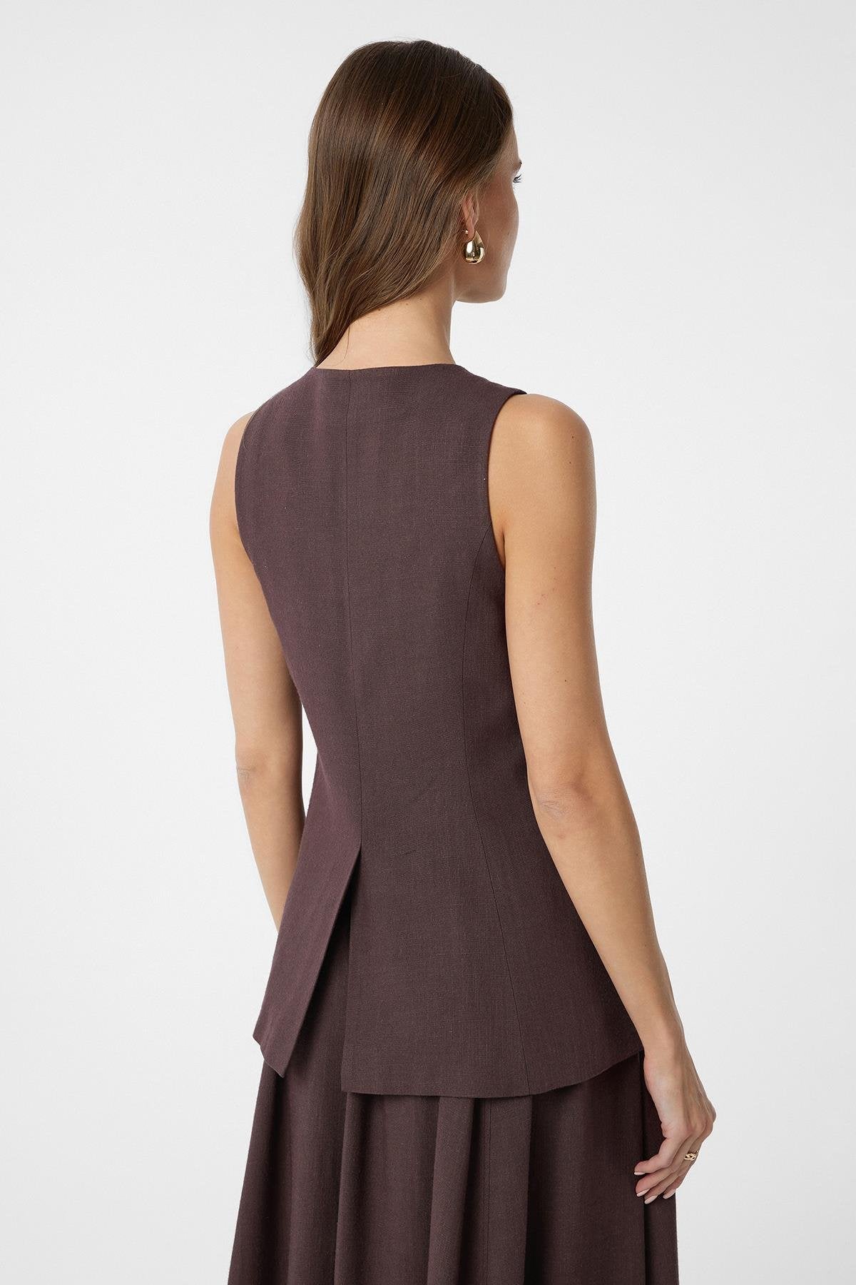 Antioch-Kahve Keten Karışımlı Kadın Uzun Yelek-Yelek-4-Milagron.com