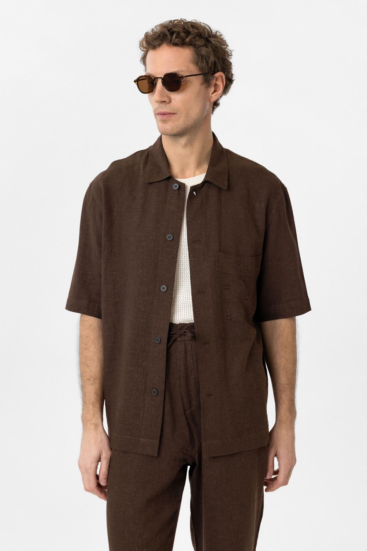 Antioch-Kahve Keten Karışımlı Kısa Kollu Erkek Gömlek-Gömlek-1-Milagron.com