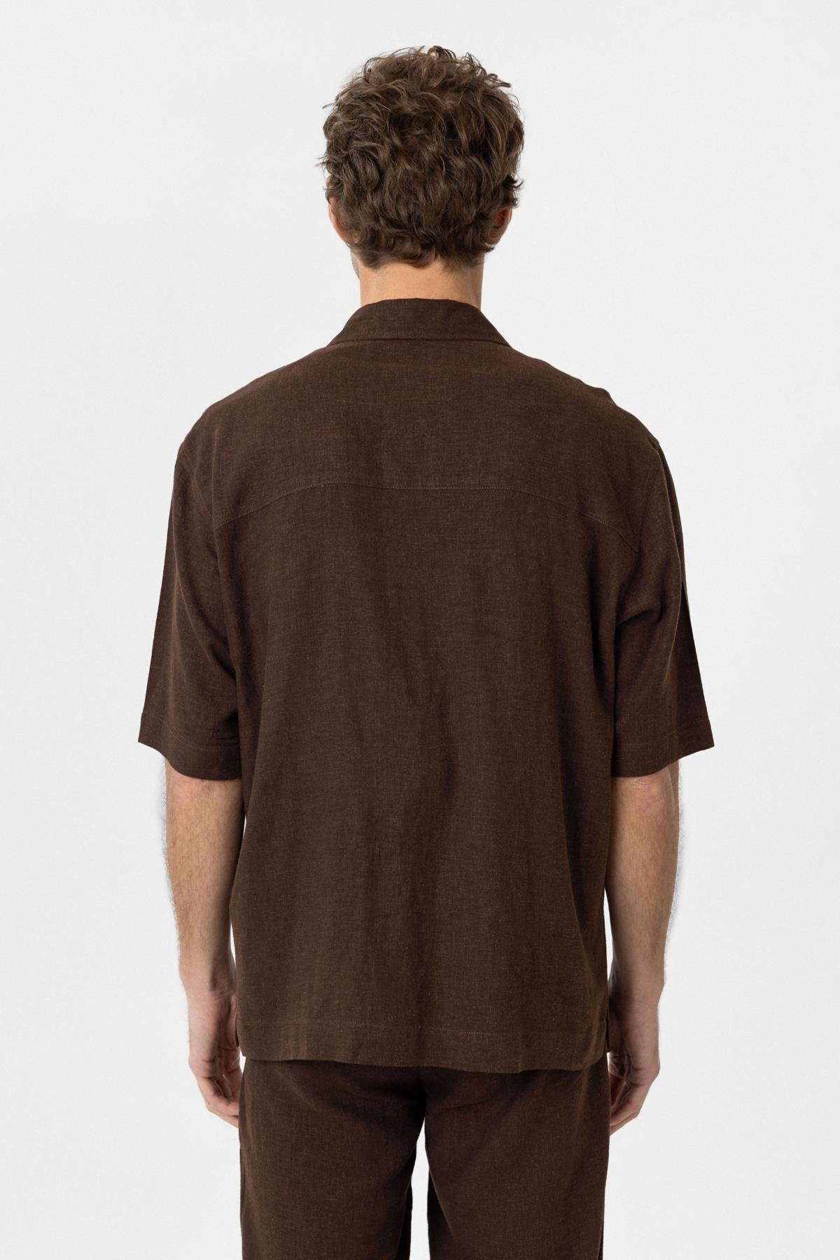 Antioch-Kahve Keten Karışımlı Kısa Kollu Erkek Gömlek-Gömlek-4-Milagron.com