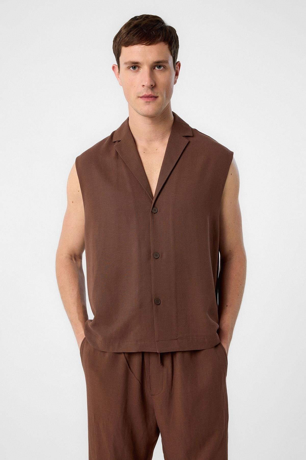 Antioch-Kahve Keten Karışımlı Kolsuz Erkek Gömlek-Gömlek-1-Milagron.com