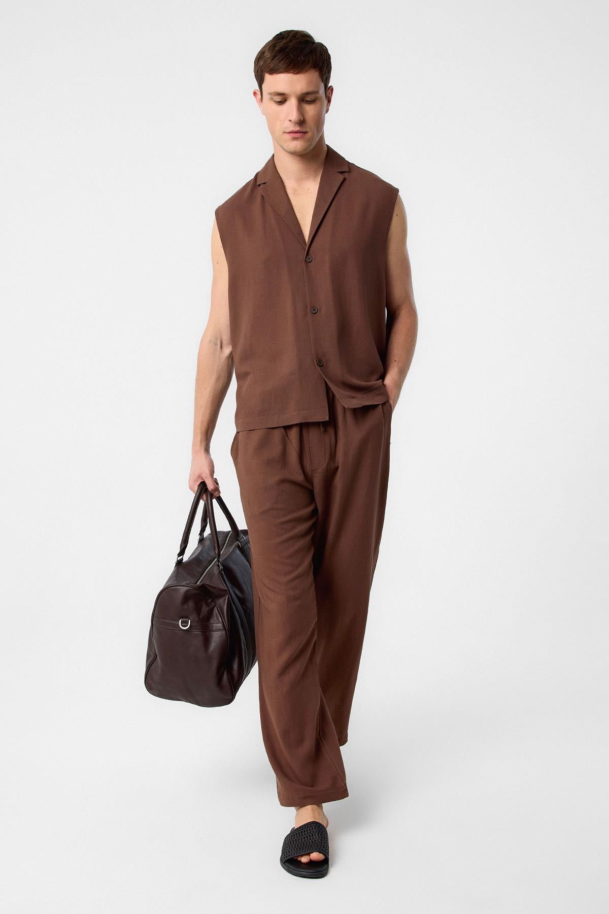 Antioch-Kahve Keten Karışımlı Kolsuz Erkek Gömlek-Gömlek-2-Milagron.com