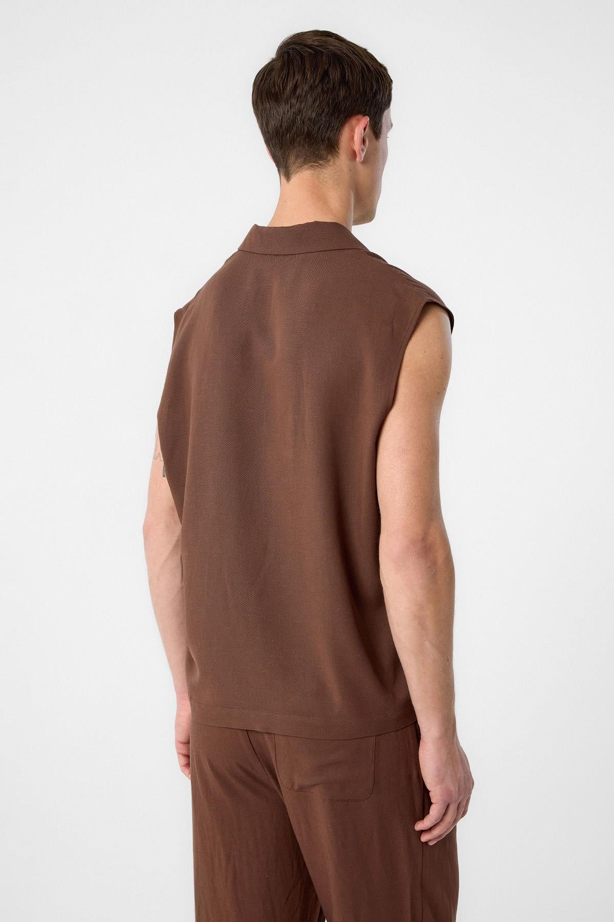 Antioch-Kahve Keten Karışımlı Kolsuz Erkek Gömlek-Gömlek-5-Milagron.com