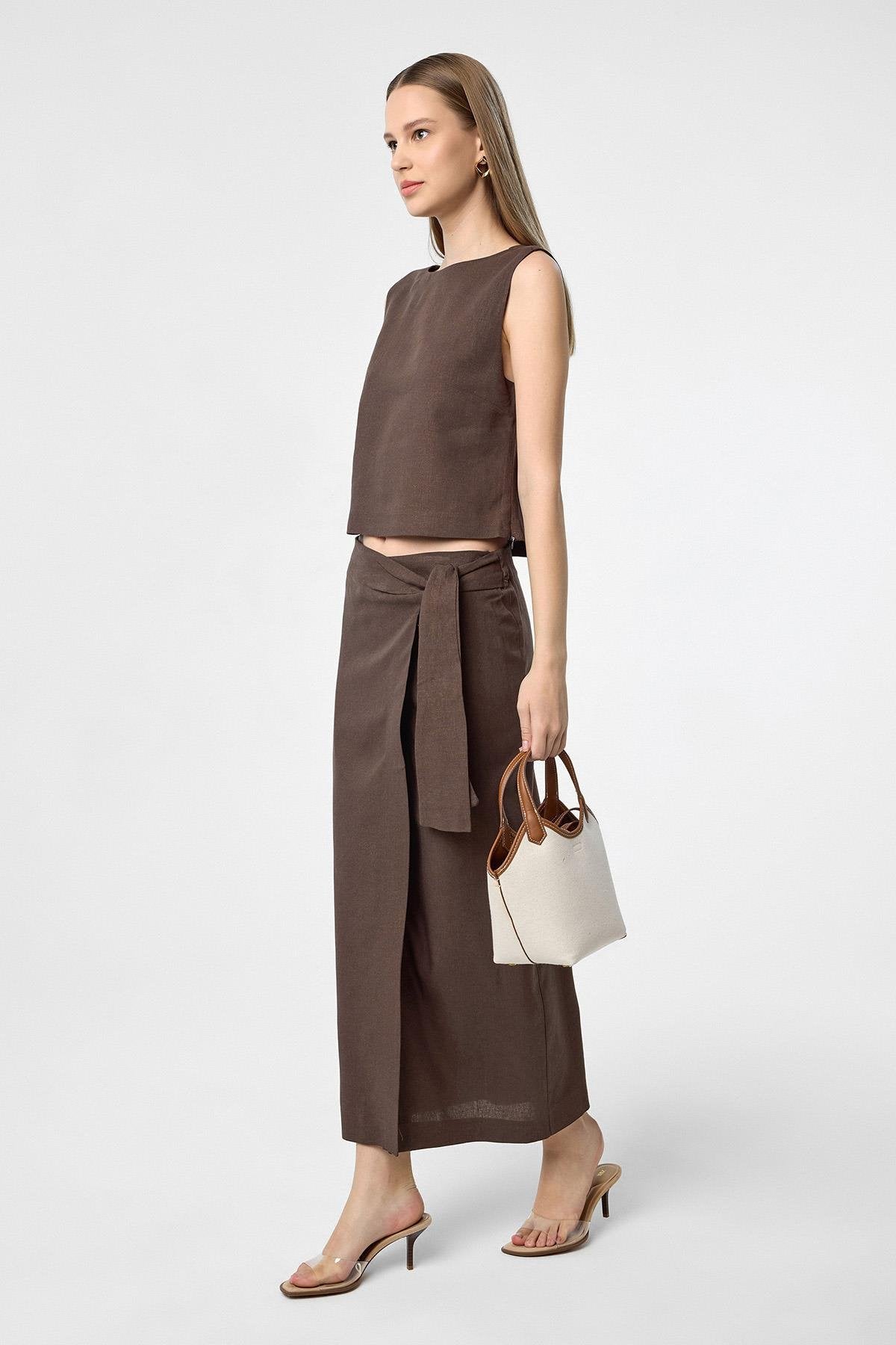 Antioch-Kahve Keten Karışımlı Kuşaklı Kadın Etek-Etek-2-Milagron.com