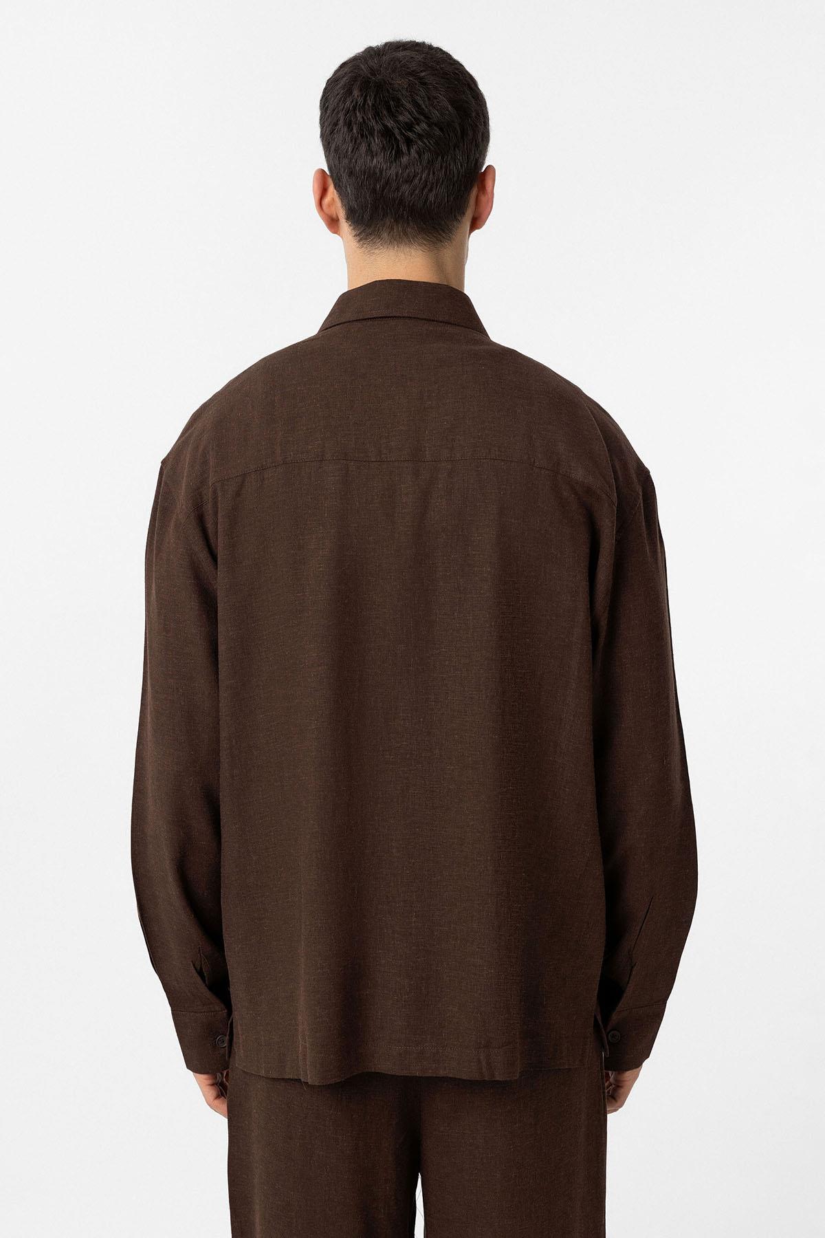 Antioch-Kahve Keten Karışımlı Relax Fit Erkek Gömlek-Gömlek-8-Milagron.com