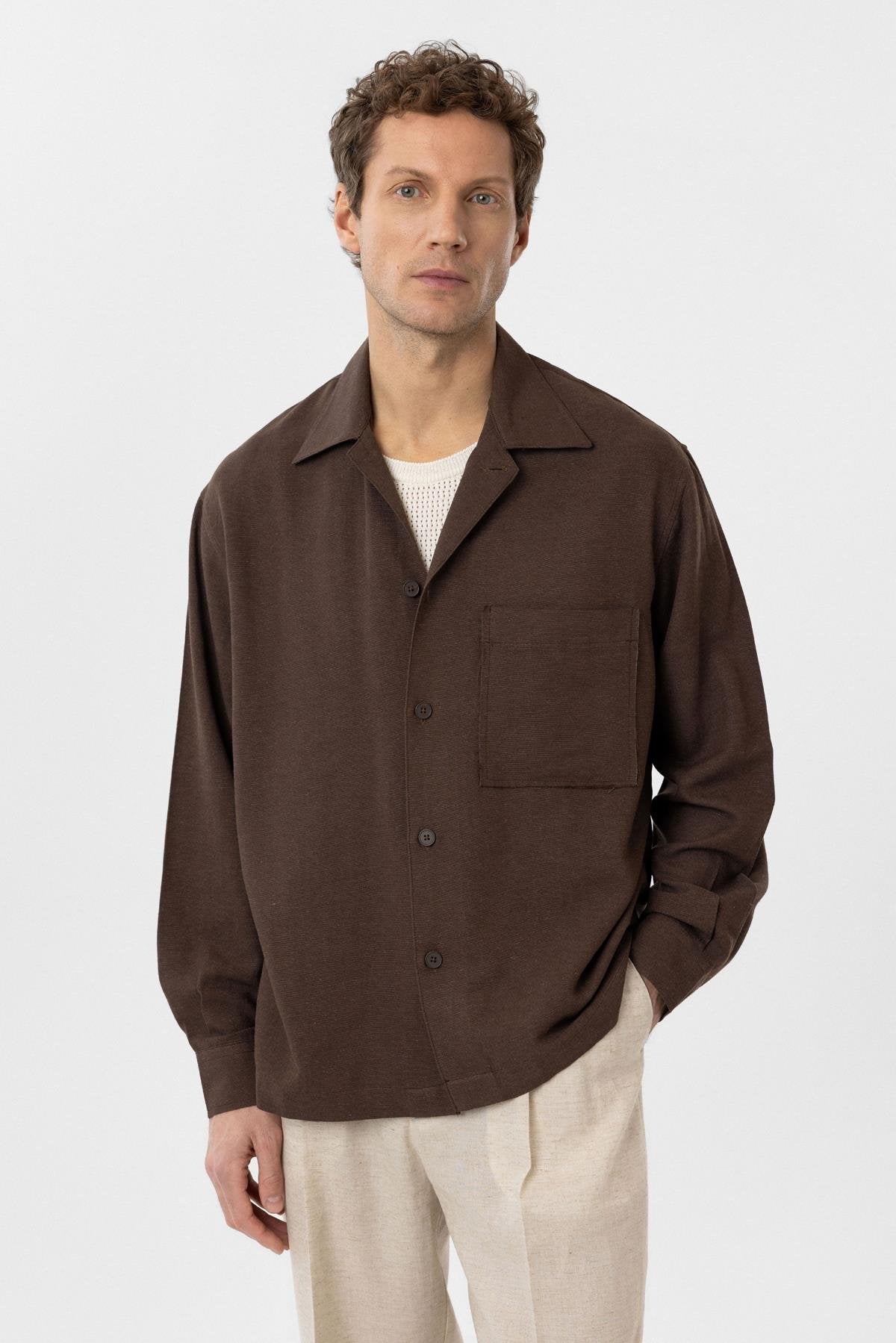 Antioch-Kahve Keten Karışımlı Relaxed Erkek Gömlek-Gömlek-4-Milagron.com