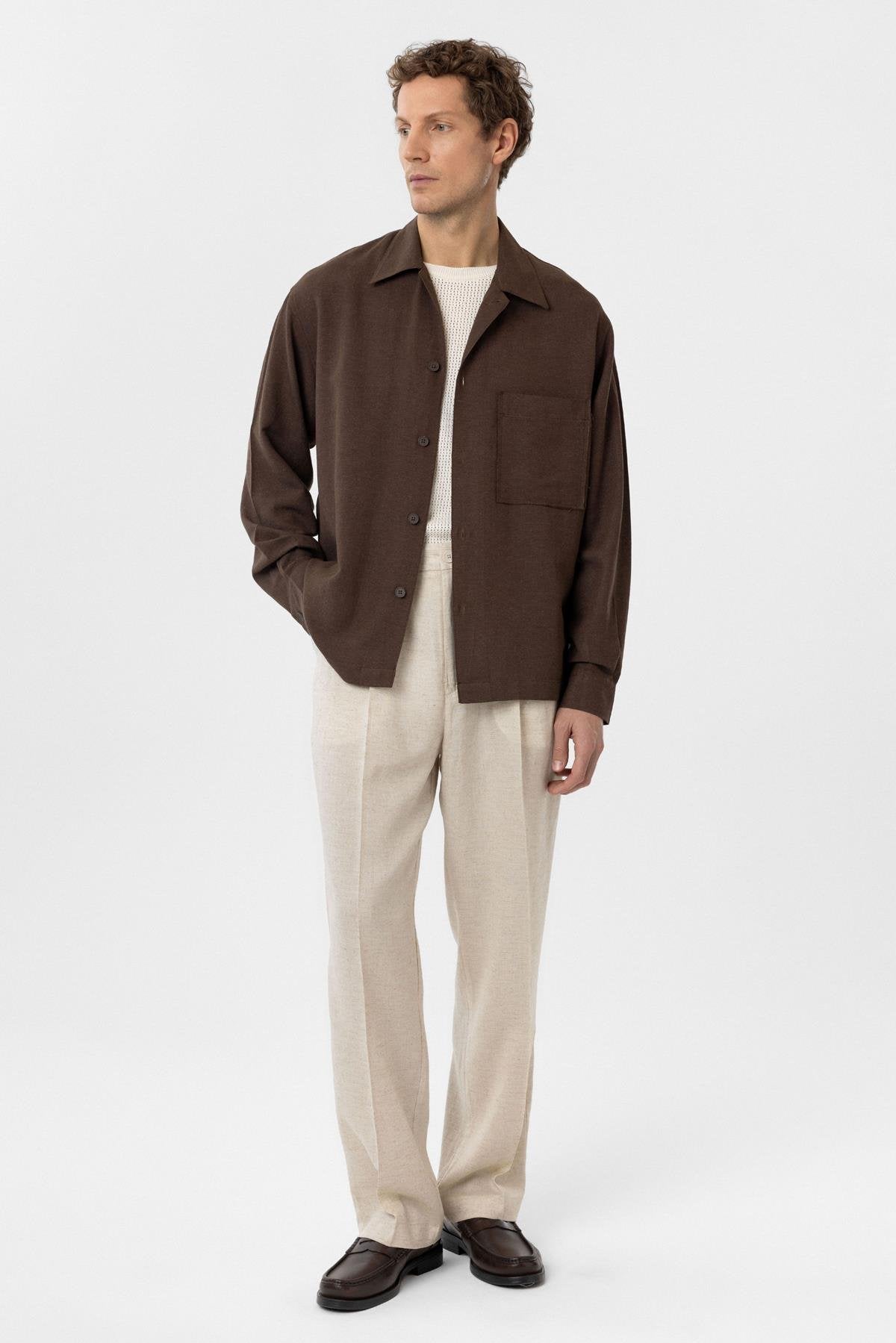 Antioch-Kahve Keten Karışımlı Relaxed Erkek Gömlek-Gömlek-5-Milagron.com