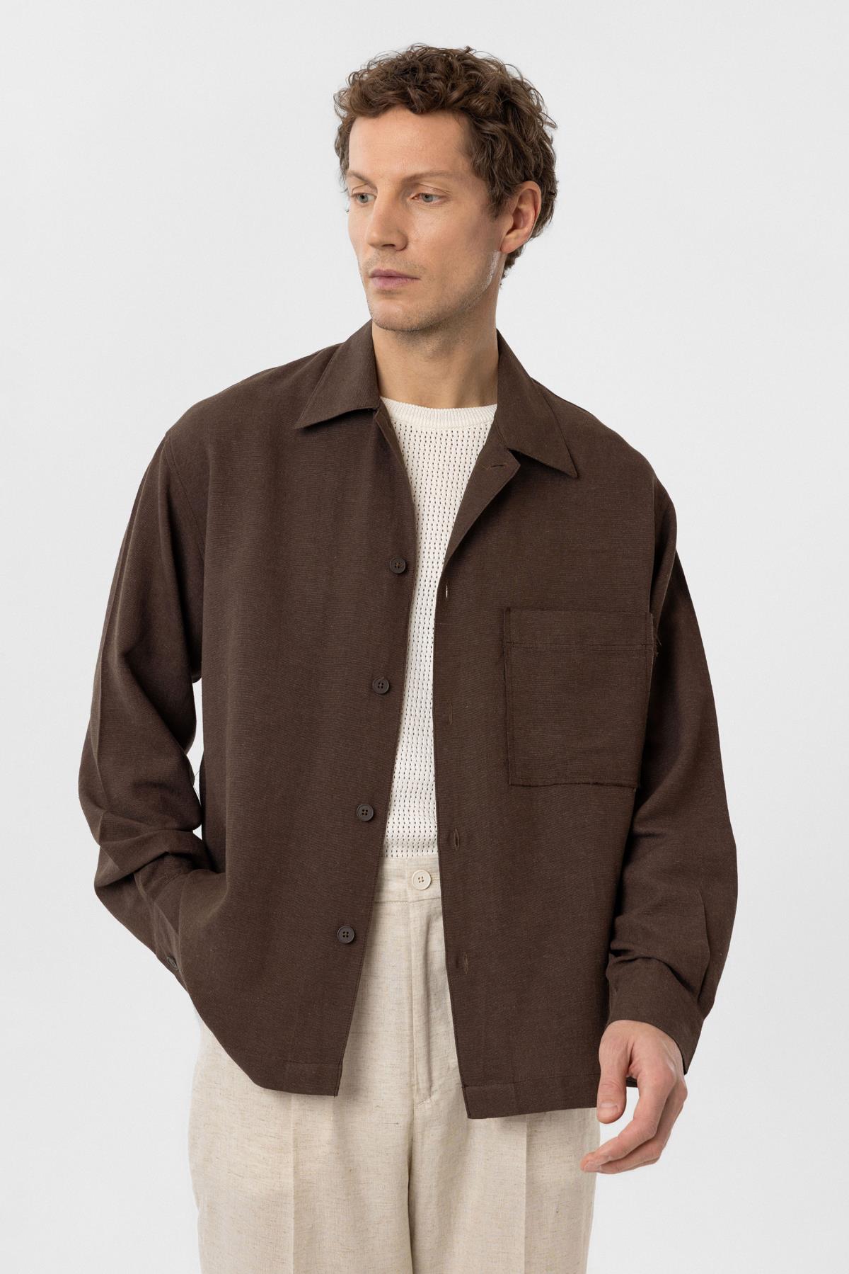 Antioch-Kahve Keten Karışımlı Relaxed Erkek Gömlek-Gömlek-7-Milagron.com