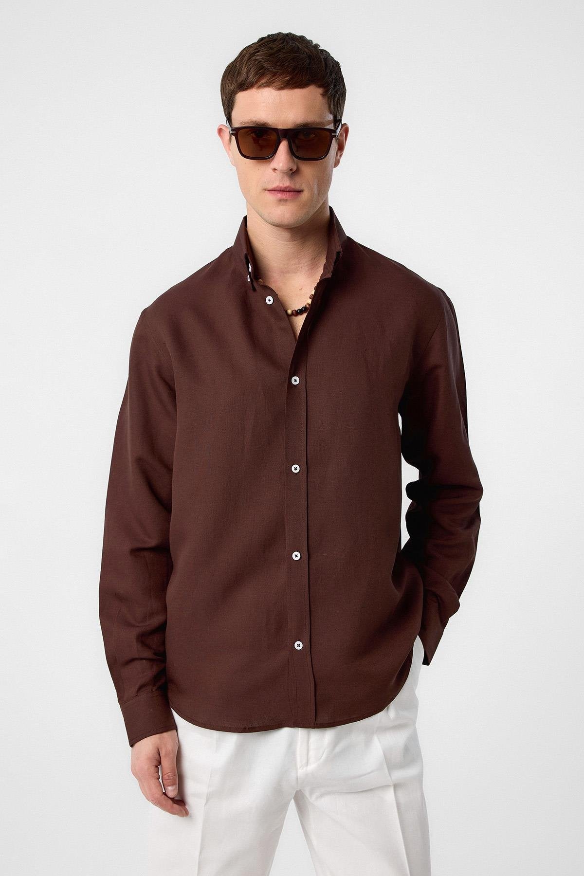 Antioch-Kahve Keten Karışımlı Yaka Düğmeli Erkek Gömlek-Gömlek-1-Milagron.com