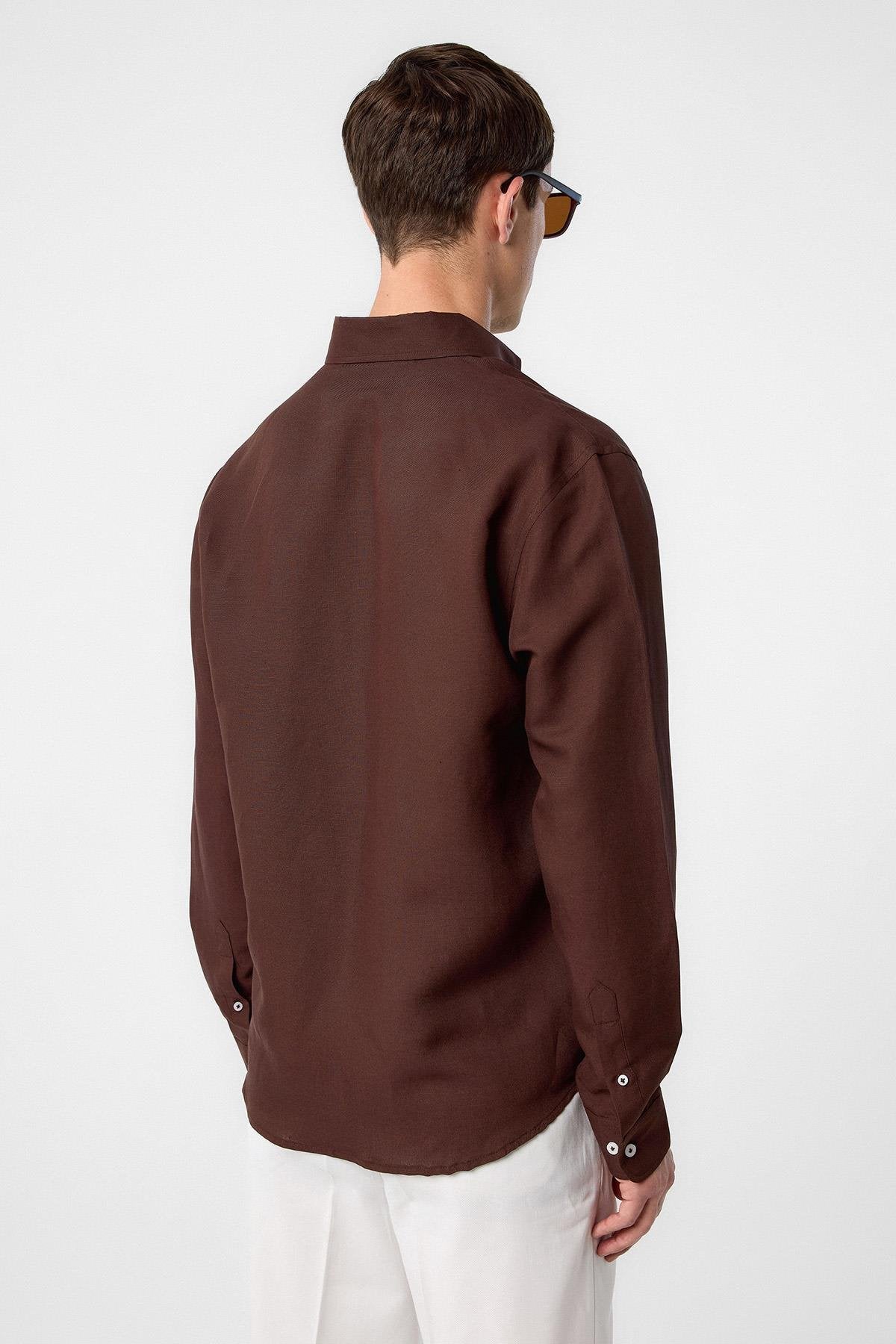 Antioch-Kahve Keten Karışımlı Yaka Düğmeli Erkek Gömlek-Gömlek-4-Milagron.com