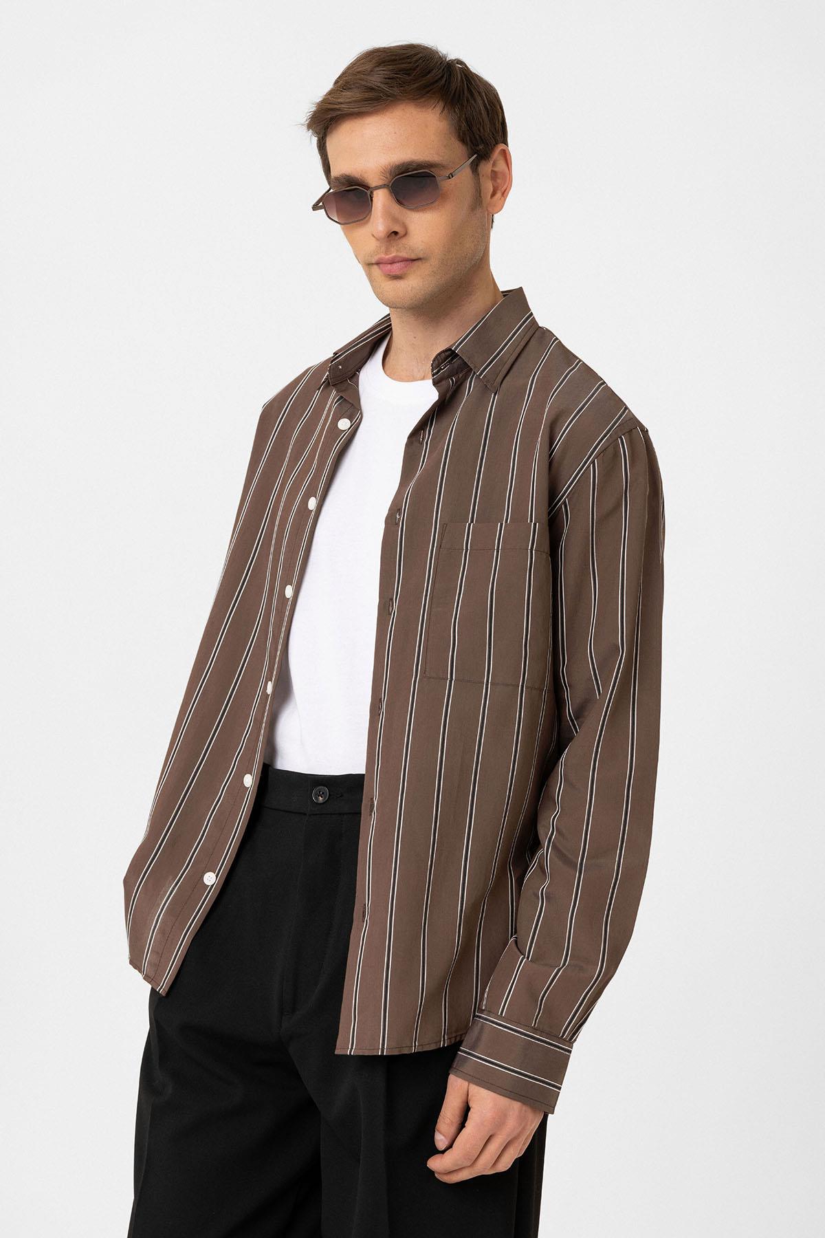 Antioch-Kahve Kontrast Çizgili Erkek Gömlek-Gömlek-2-Milagron.com