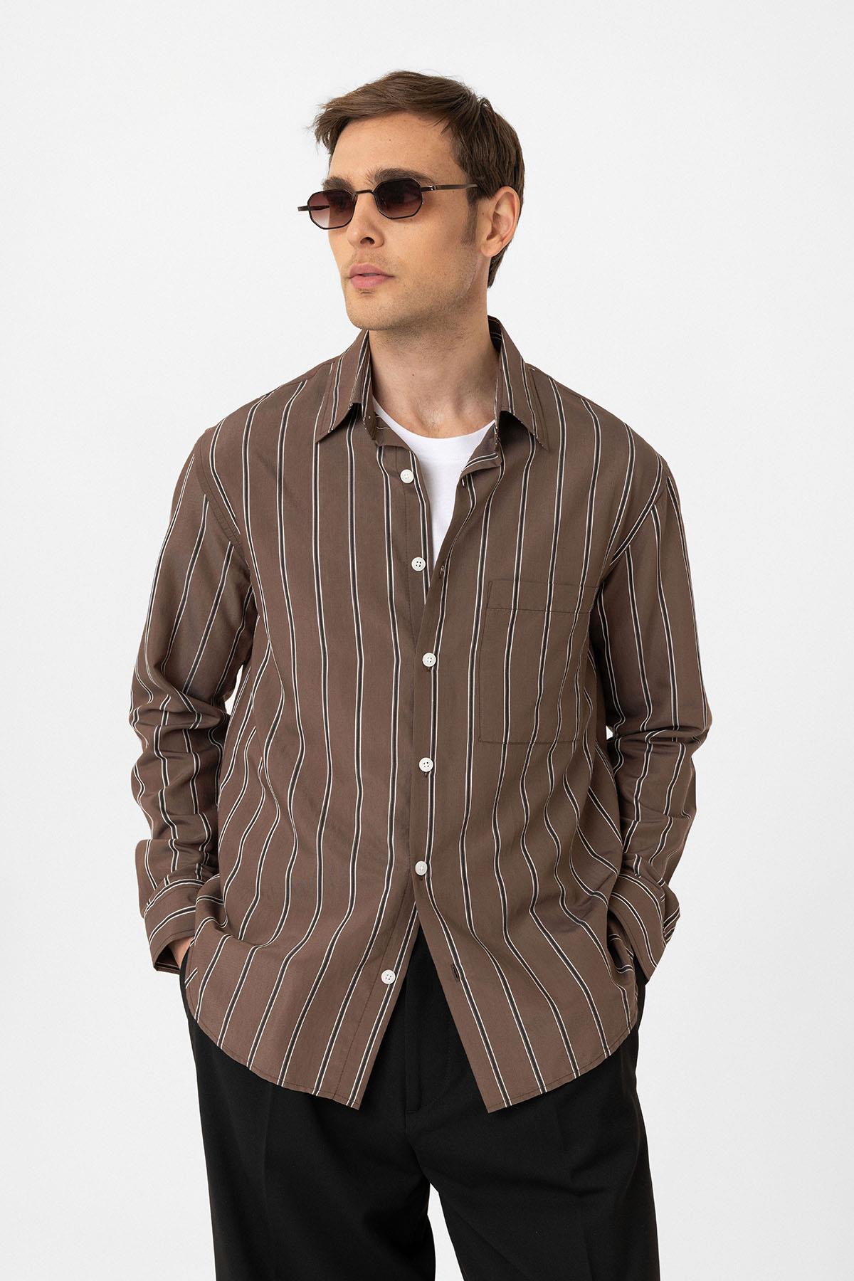 Antioch-Kahve Kontrast Çizgili Erkek Gömlek-Gömlek-3-Milagron.com