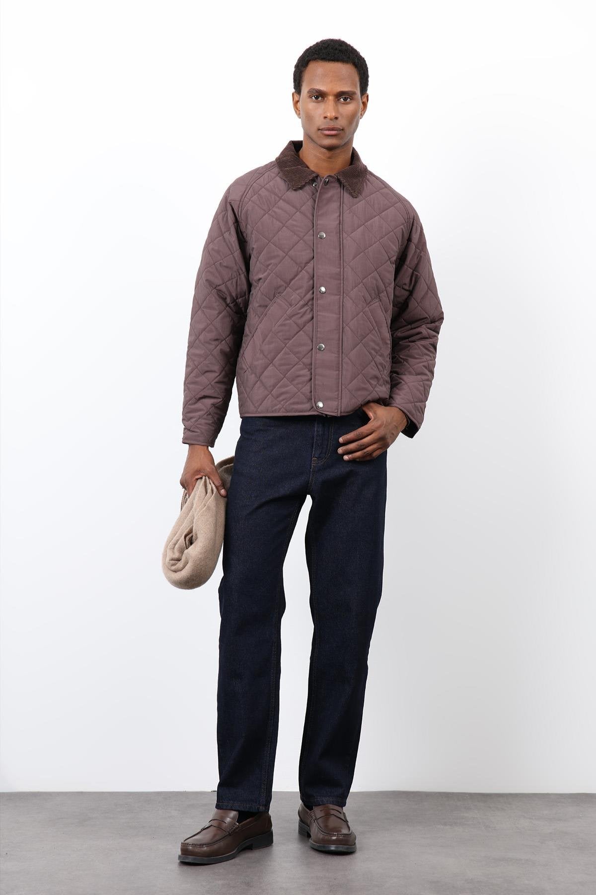 Antioch-Kahve Kontrast Yaka Baklava Desenli Erkek Mont-Mont-1-Milagron.com