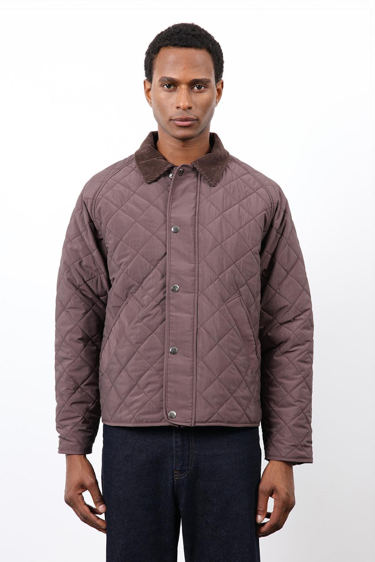 Antioch-Kahve Kontrast Yaka Baklava Desenli Erkek Mont-Mont-4-Milagron.com