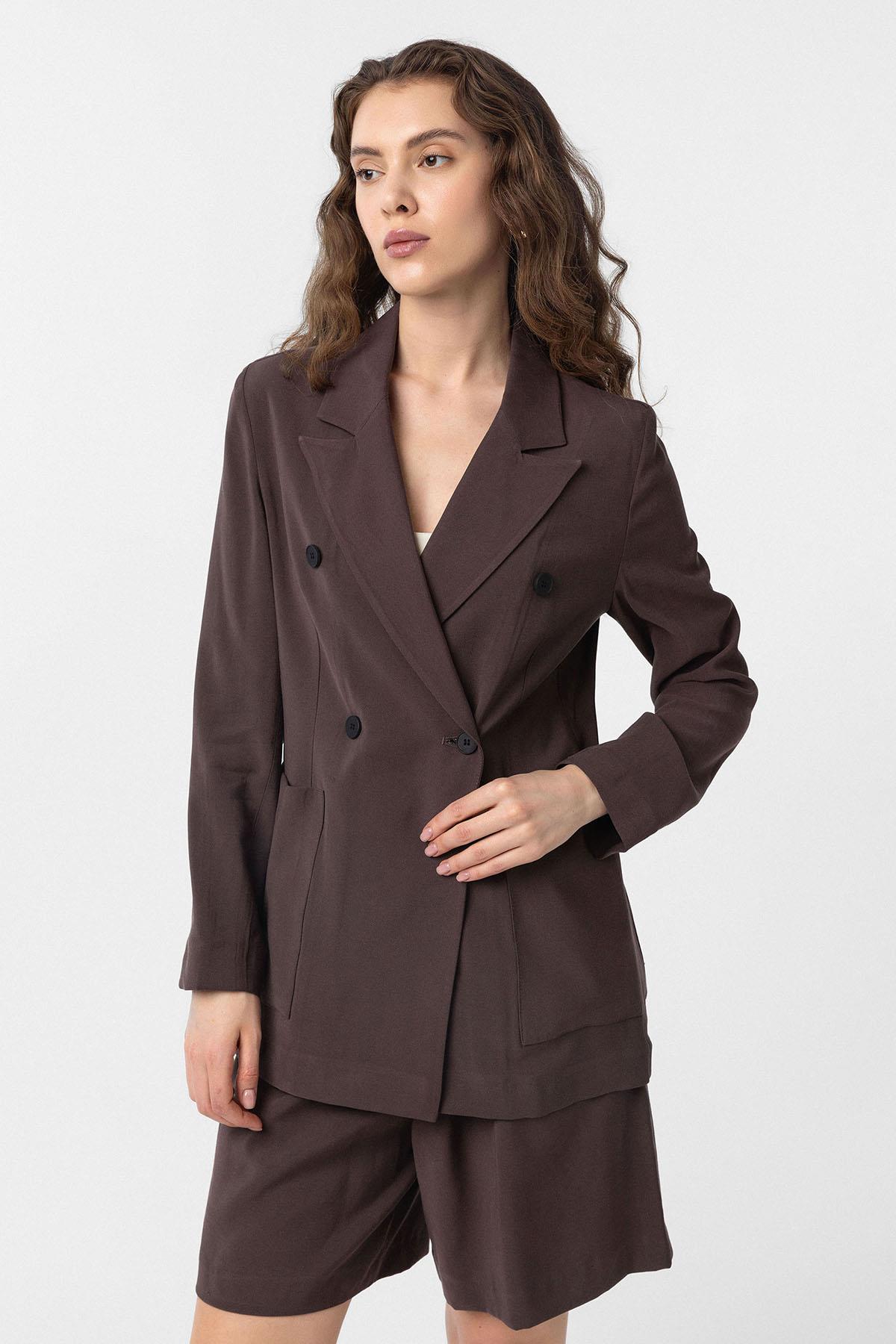 Antioch-Kahve Kruvaze Kadın Blazer Ceket-Blazer Ceket-1-Milagron.com