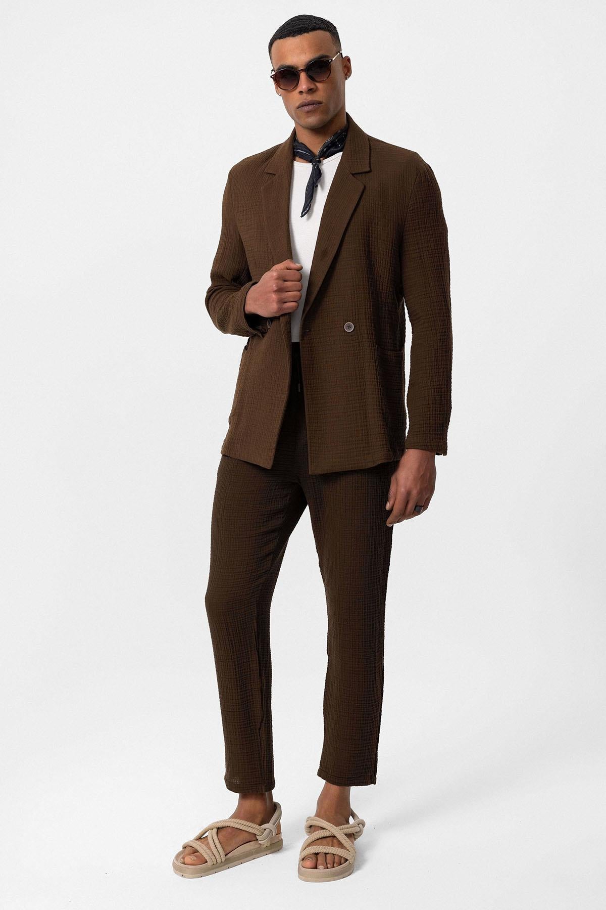 Antioch-Kahve Kruvaze Kapama Astarsız Erkek Blazer Ceket-Ceket-5-Milagron.com