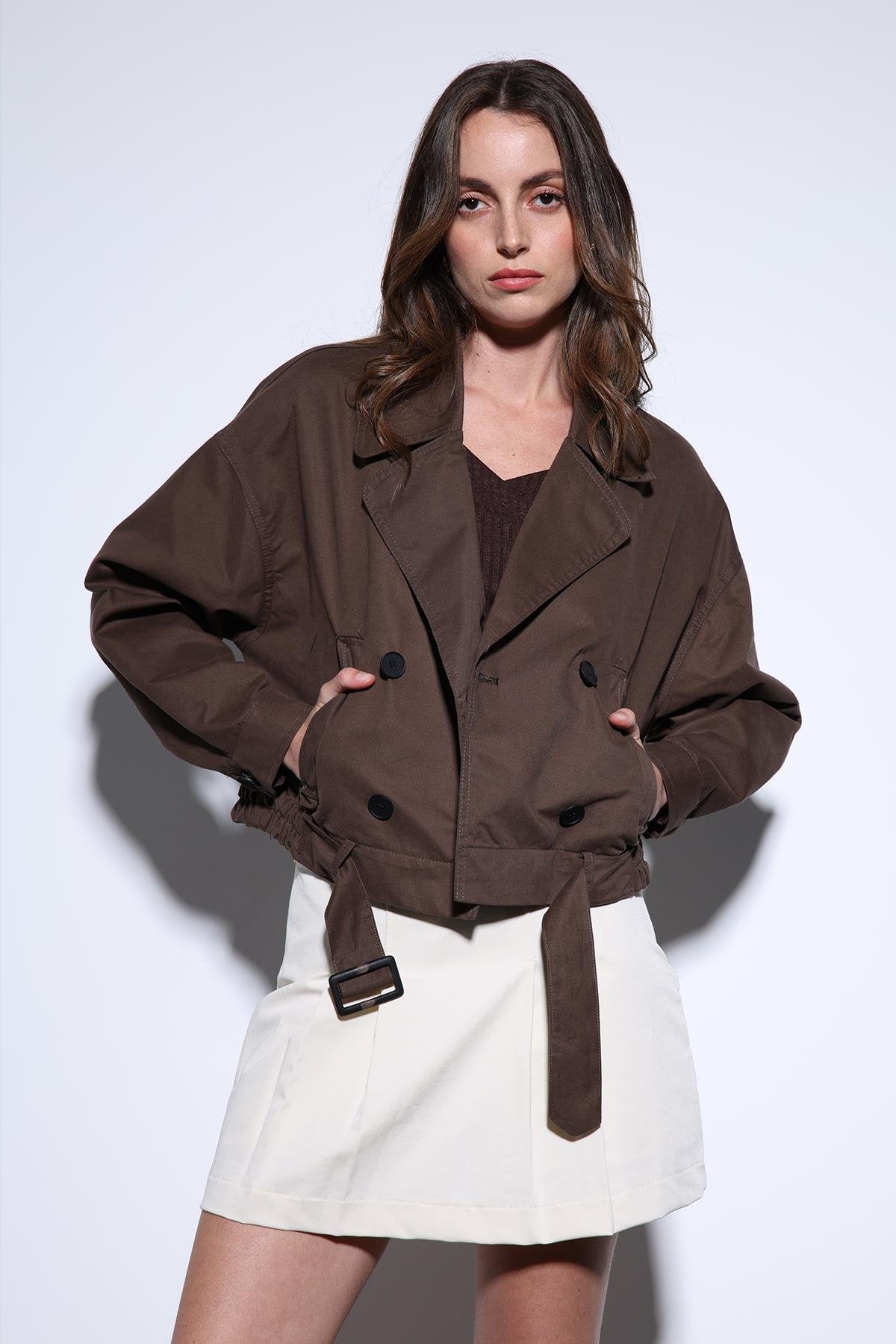 Antioch-Antioch Kahve Kruvaze Kısa Kadın Trençkot-Trençkot-1-Milagron.com