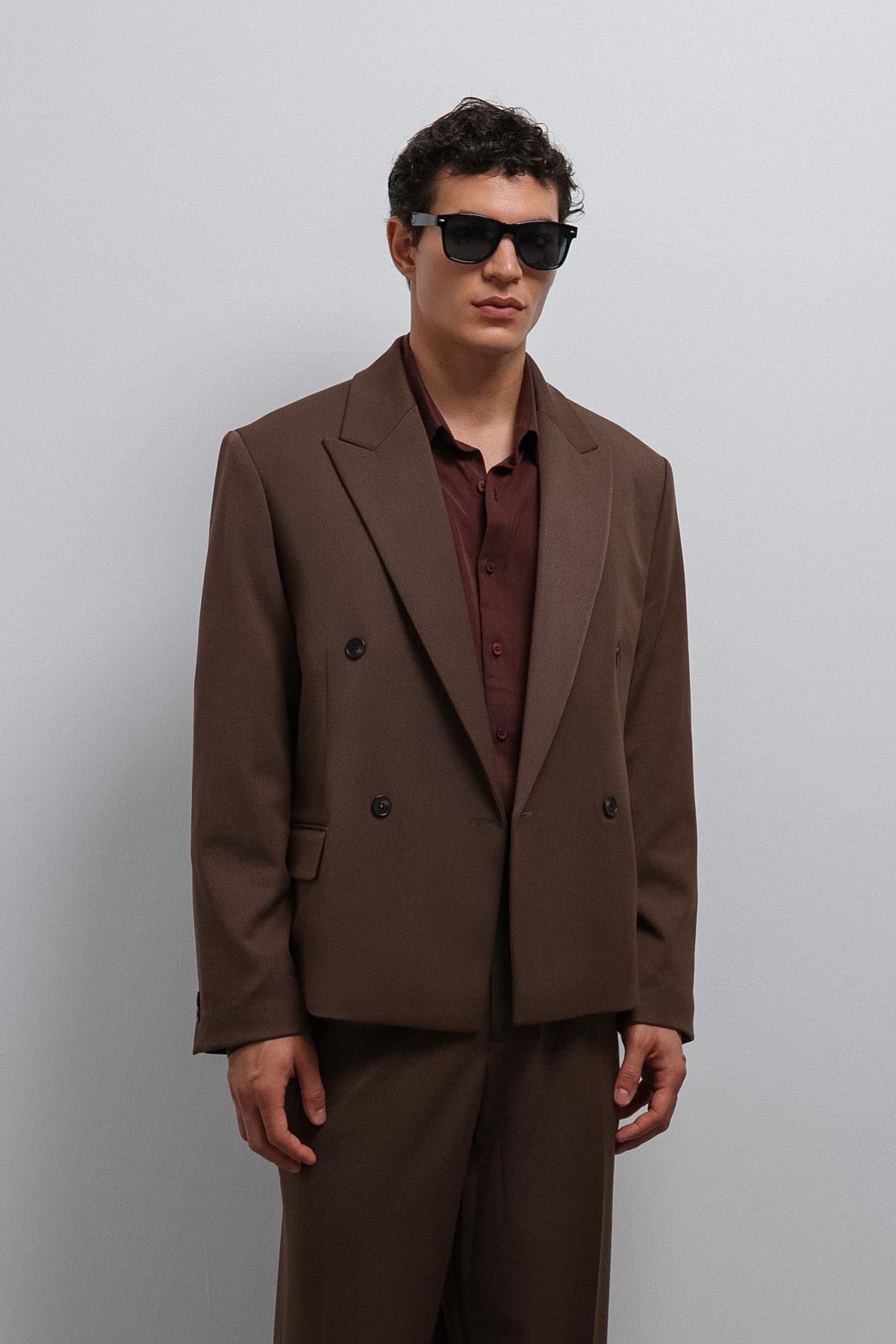 Antioch-Kahve Kruvaze Relax Crop Fit Blazer Ceket-Blazer Ceket-1-Milagron.com