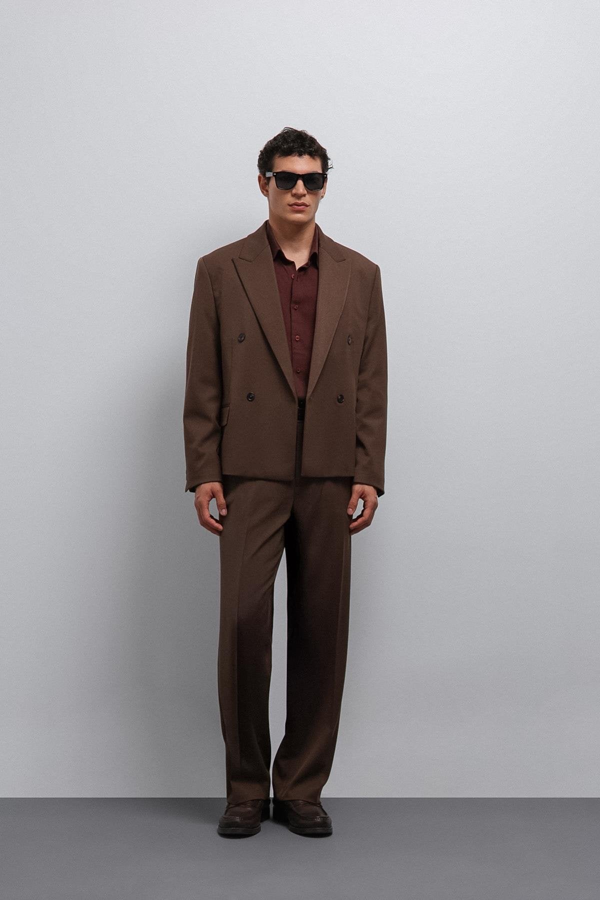 Antioch-Kahve Kruvaze Relax Crop Fit Blazer Ceket-Blazer Ceket-2-Milagron.com