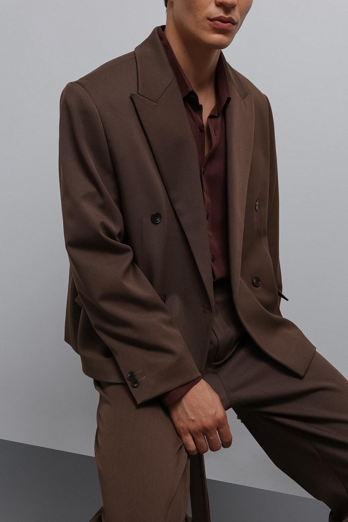 Antioch-Kahve Kruvaze Relax Crop Fit Blazer Ceket-Blazer Ceket-6-Milagron.com