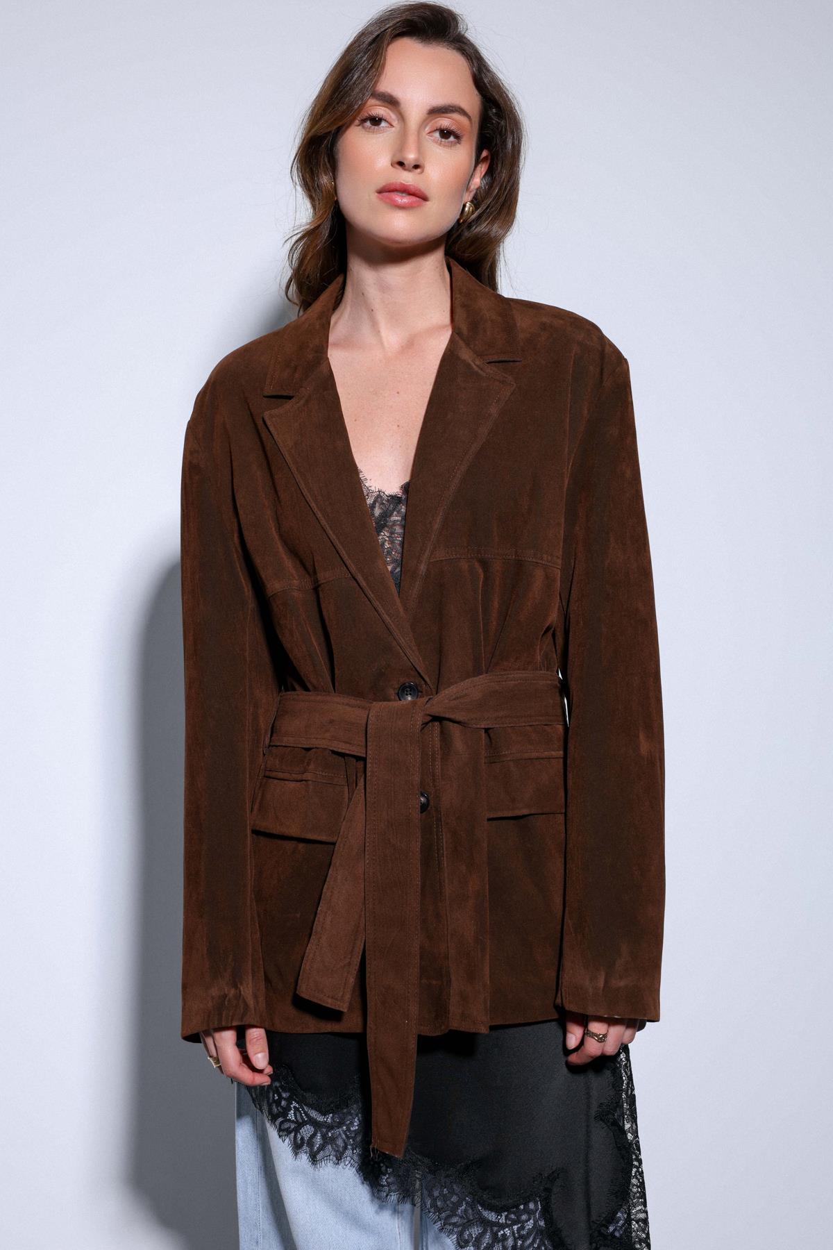 Antioch-Antioch Kahve Kuşak Bağlamalı Süet Kadın Ceket-Ceket-2-Milagron.com