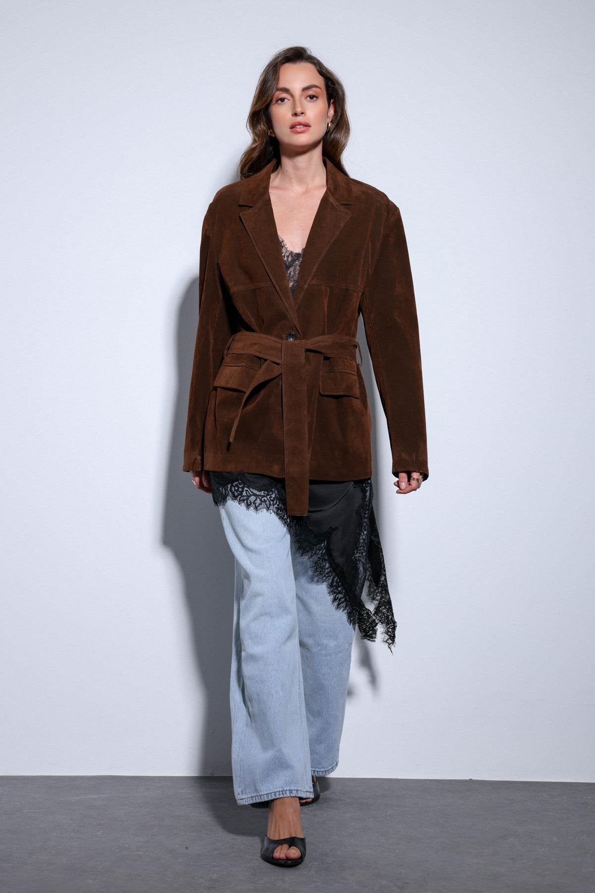 Antioch-Antioch Kahve Kuşak Bağlamalı Süet Kadın Ceket-Ceket-4-Milagron.com