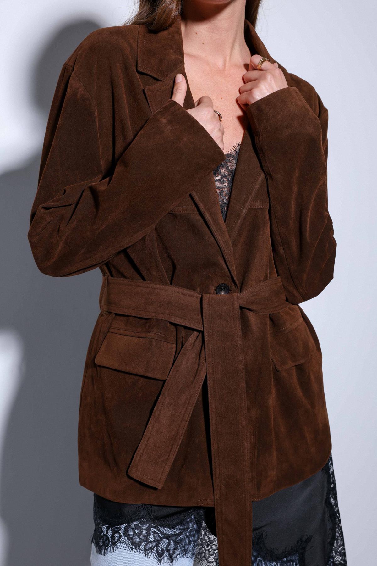 Antioch-Antioch Kahve Kuşak Bağlamalı Süet Kadın Ceket-Ceket-6-Milagron.com