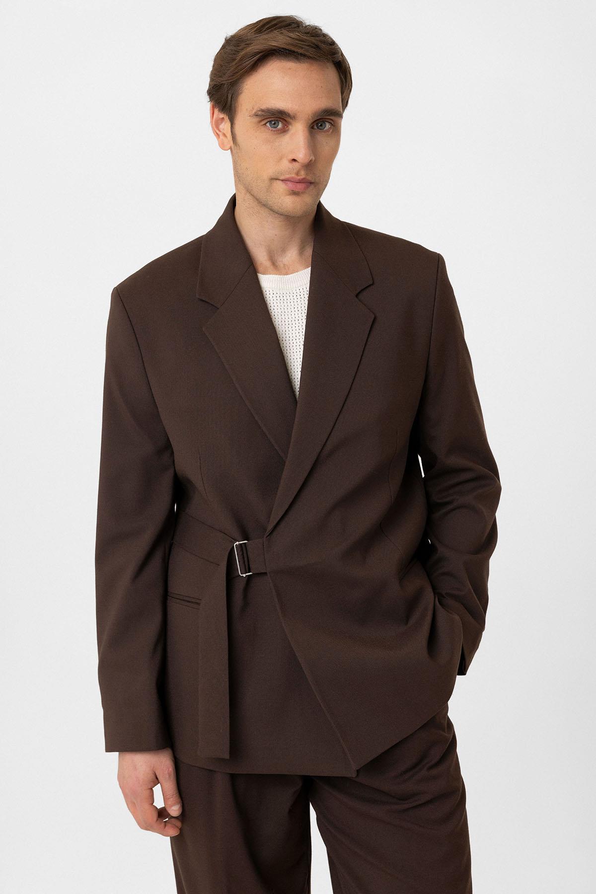 Antioch-Kahve Kuşaklı Relax Fit Erkek Blazer Ceket-Blazer Ceket-1-Milagron.com