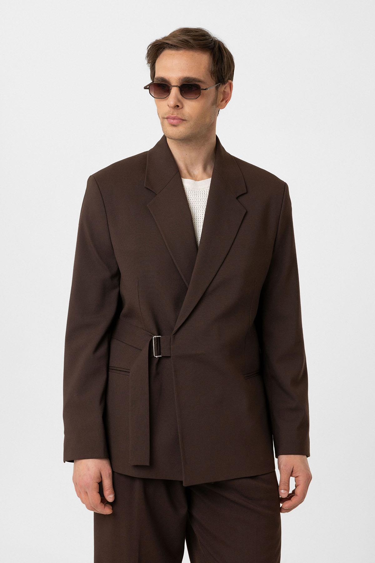 Antioch-Kahve Kuşaklı Relax Fit Erkek Blazer Ceket-Blazer Ceket-2-Milagron.com