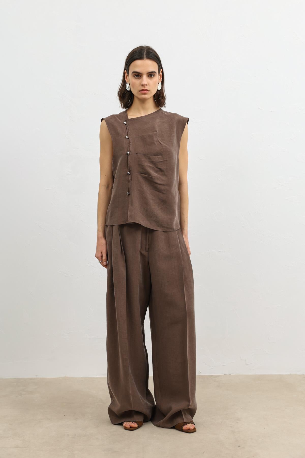 Antioch Kahve Lyocell Karışımlı Geniş Paça Kadın Pantolon
