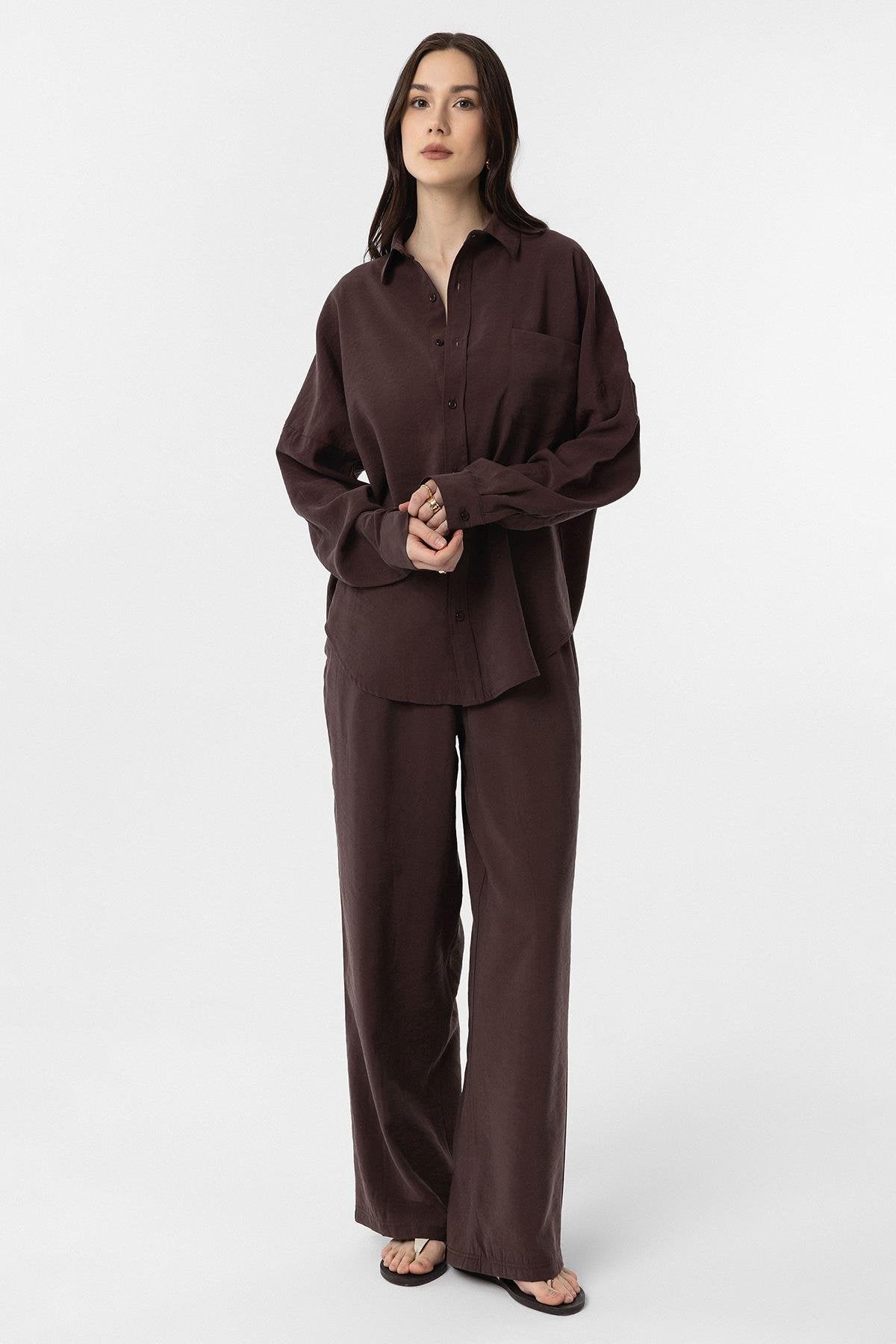 Antioch-Kahve Modal Kadın Gömlek Pantolon Takım-Alt - Üst Takım-2-Milagron.com