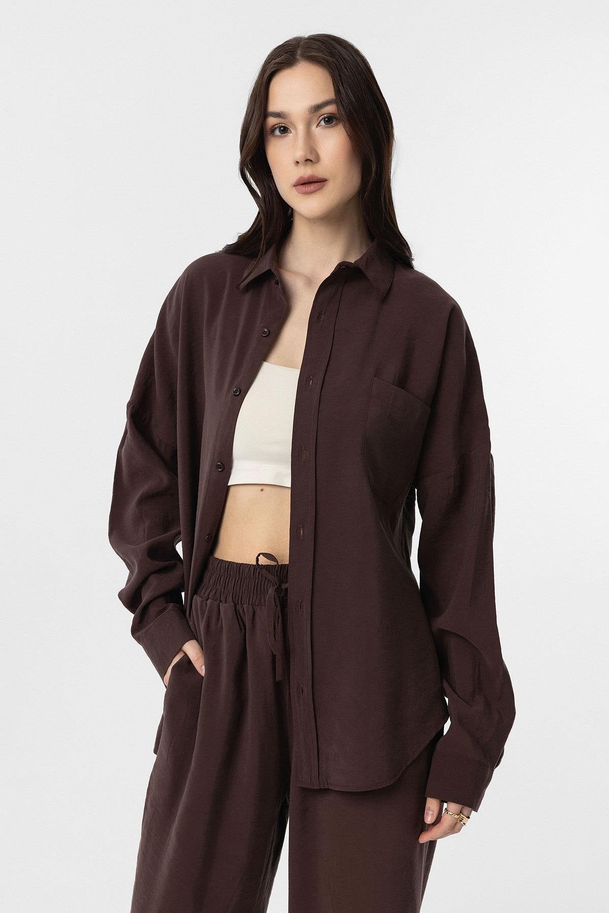 Antioch-Kahve Modal Kadın Gömlek Pantolon Takım-Alt - Üst Takım-3-Milagron.com