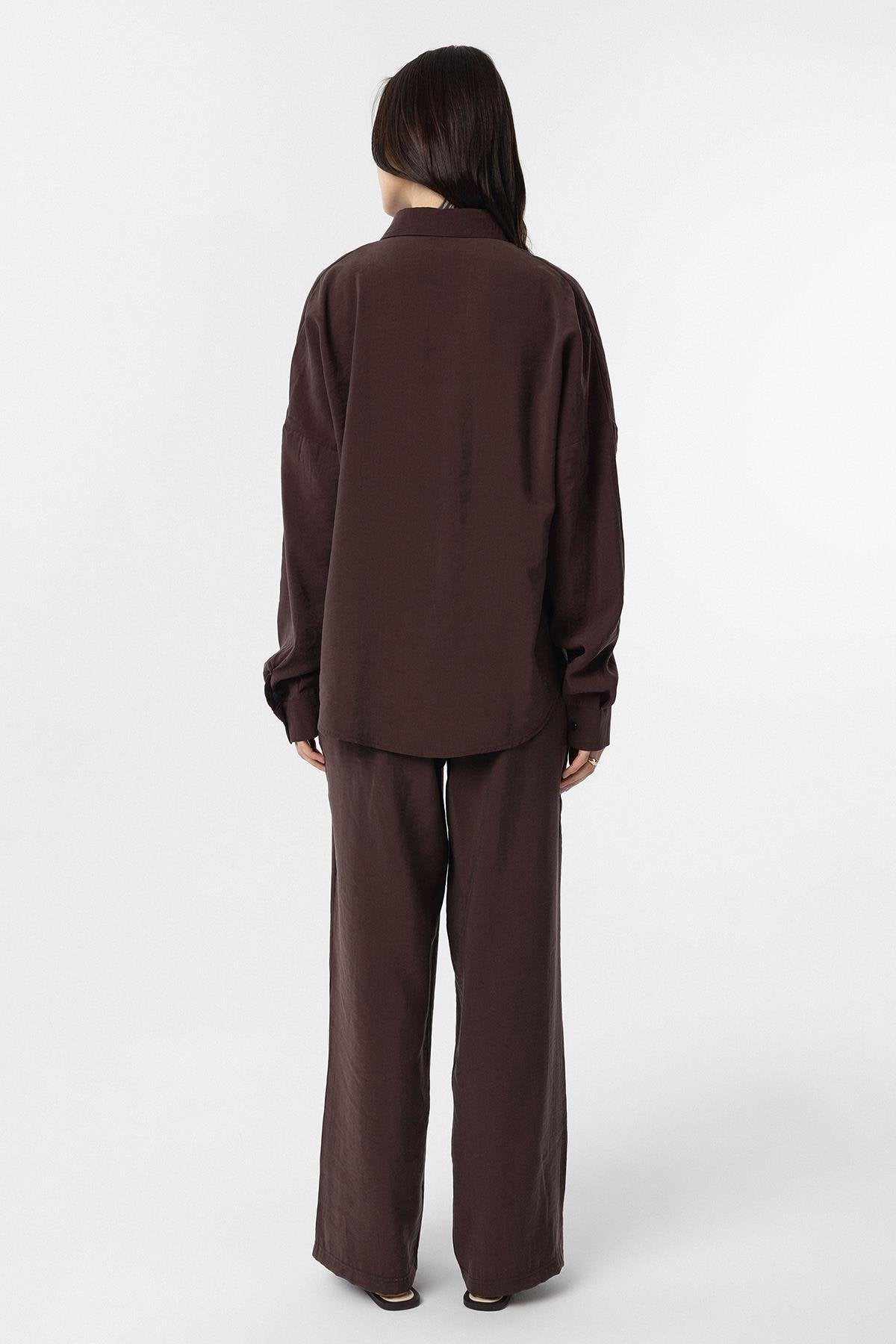 Antioch-Kahve Modal Kadın Gömlek Pantolon Takım-Alt - Üst Takım-4-Milagron.com