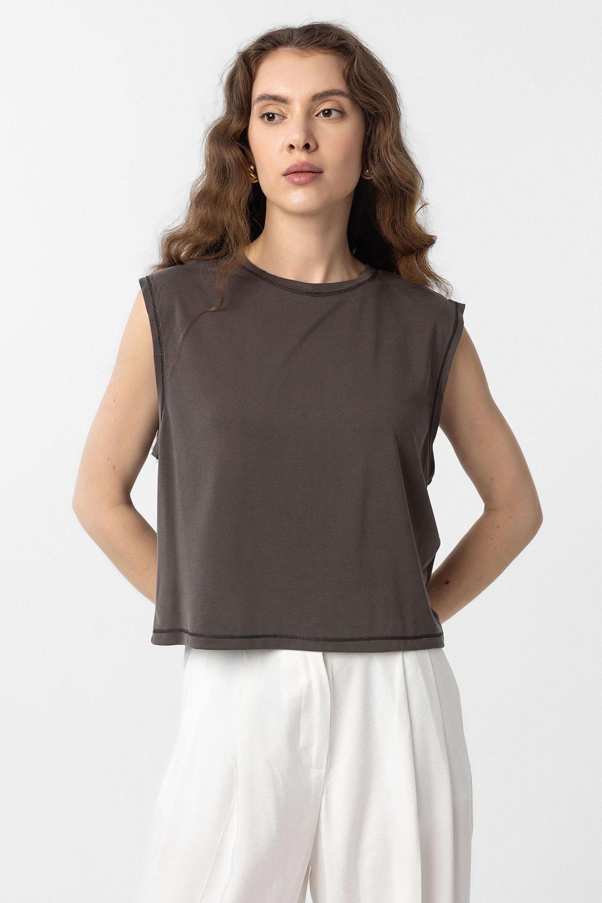 Antioch-Kahve Modal Kumaş Kadın T Shirt-T-Shirts-1-Milagron.com